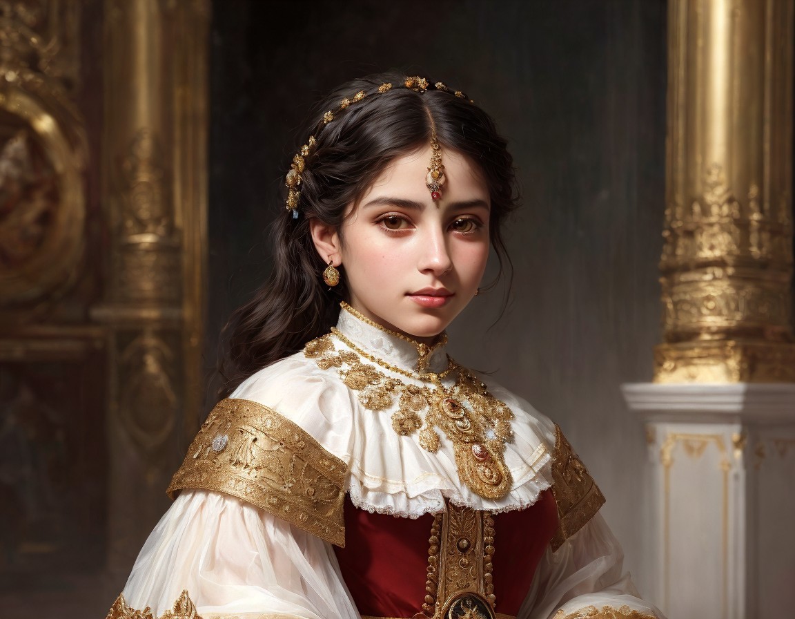 Young girl in opulent historical outfit and jewelry
