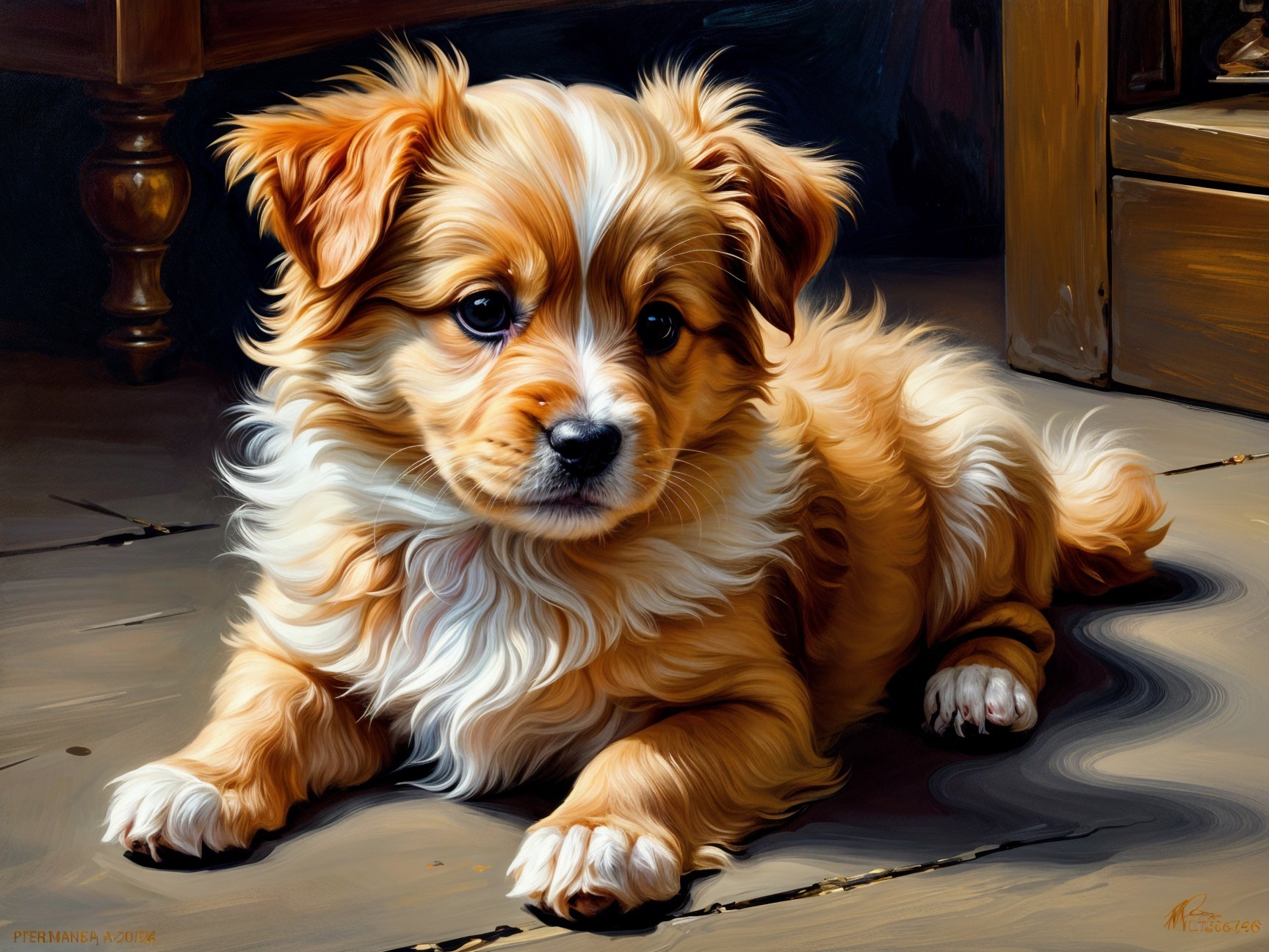 Fluffy Golden-Brown Puppy on Wooden Floor