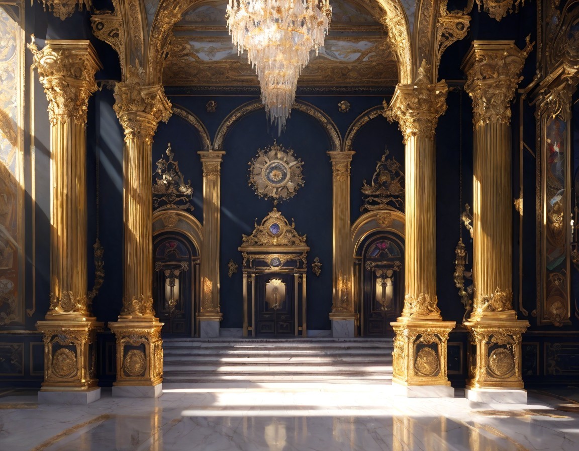 Luxurious Room with Golden Columns and Marble Floor