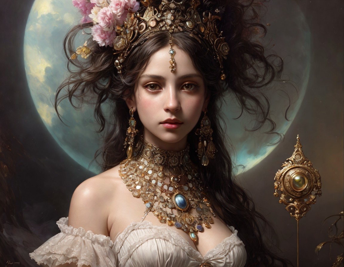 Ethereal Woman in Ornate Jewelry and Floral Headdress