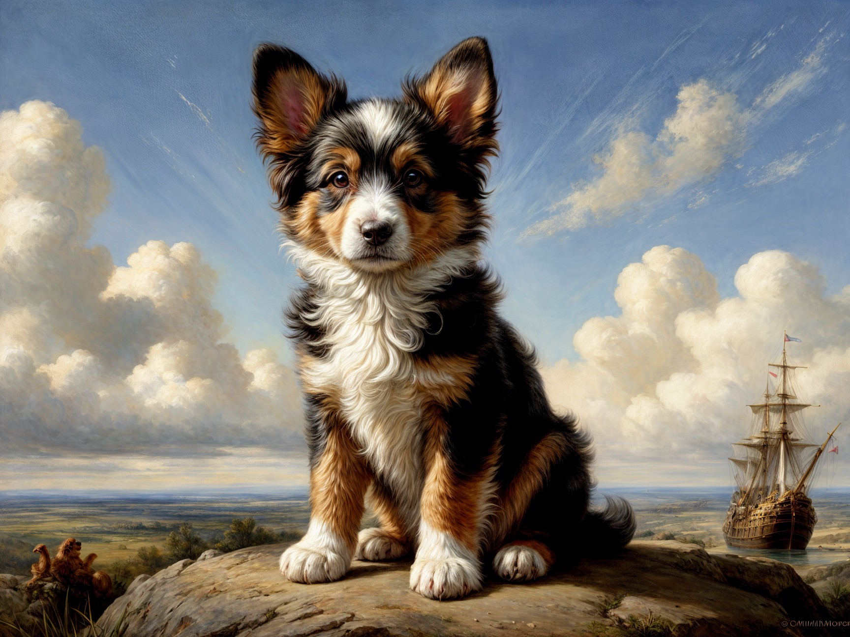 Fluffy Puppy on Rocky Ledge with Sailing Ship Background