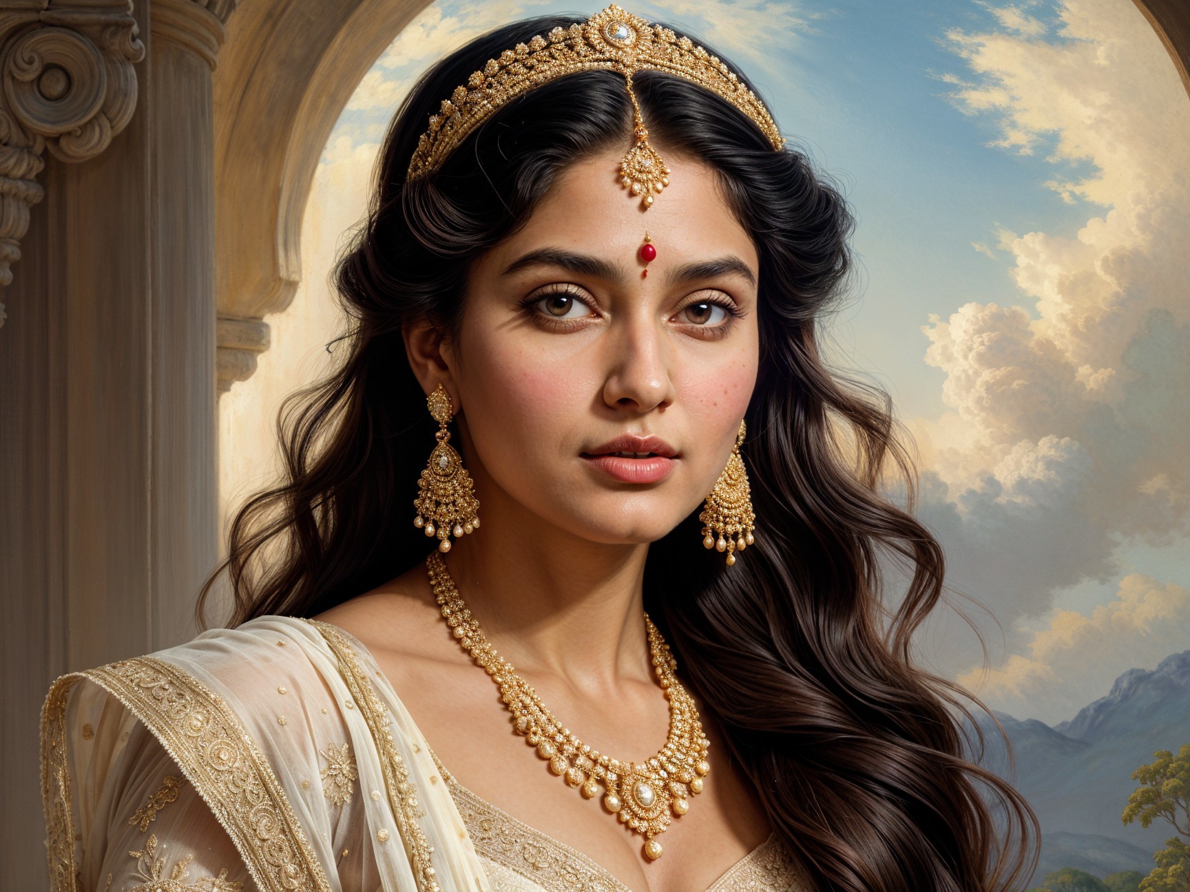 Woman in Saree with Tiara and Traditional Jewelry