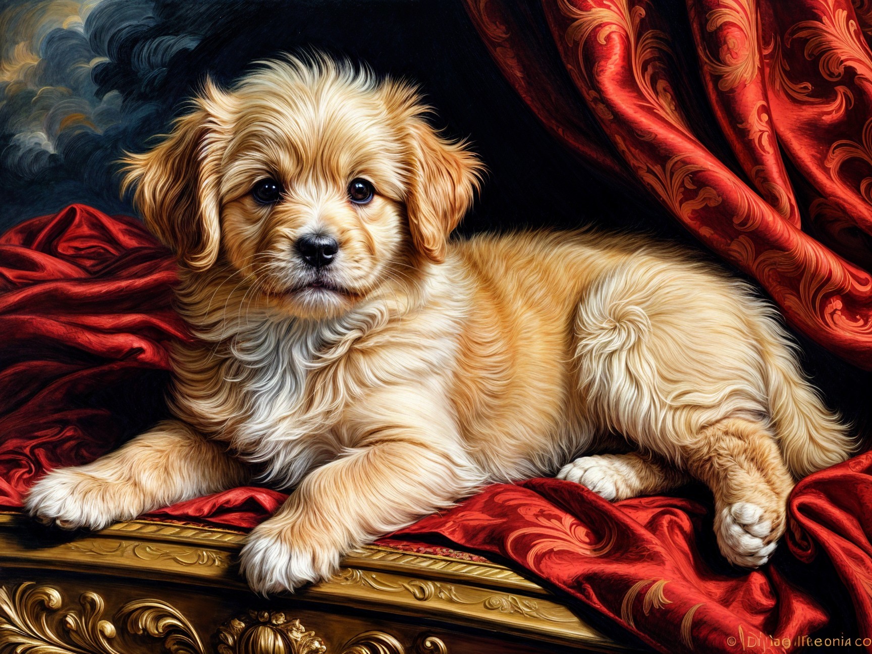 Golden Puppy on Plush Red and Gold Draped Surface