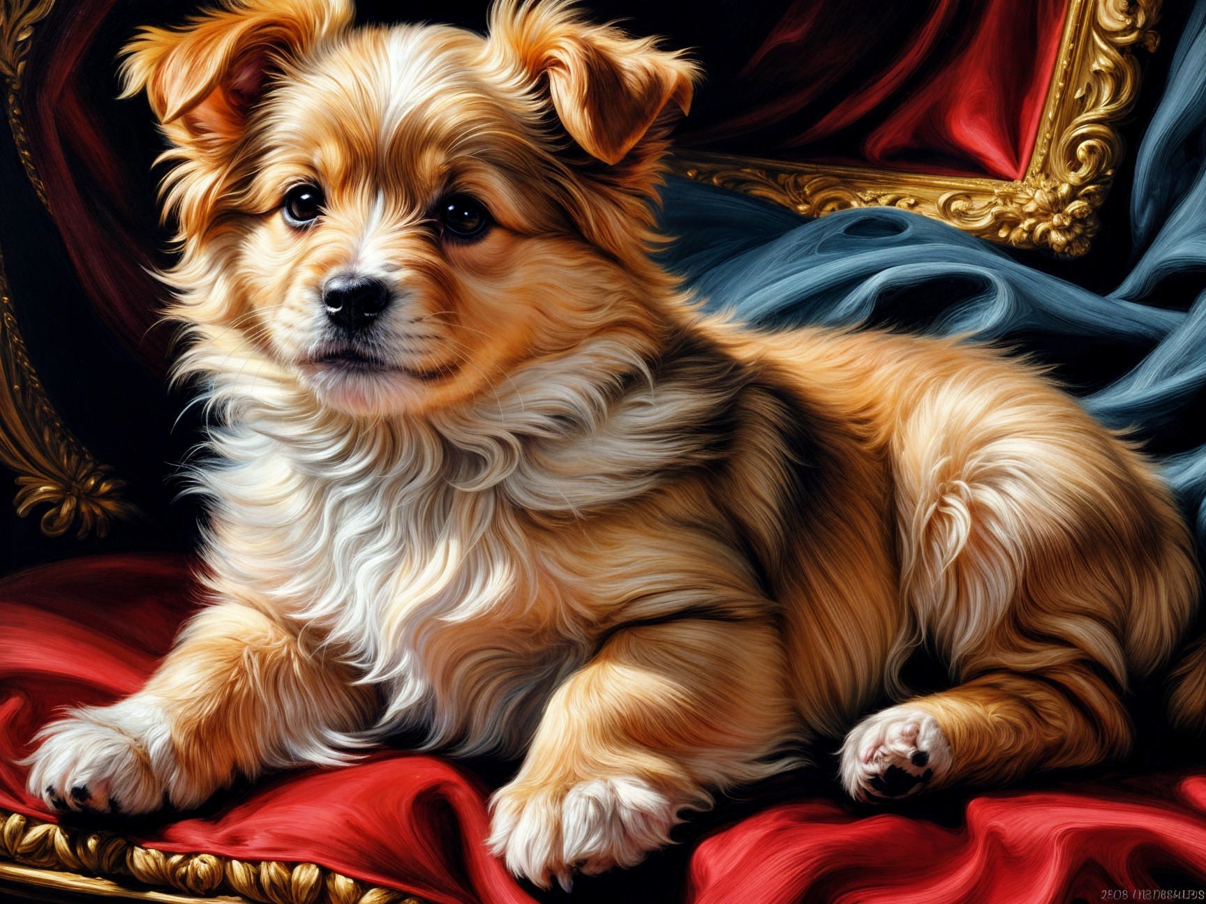 Fluffy Golden-Brown Puppy on Colorful Draped Surface