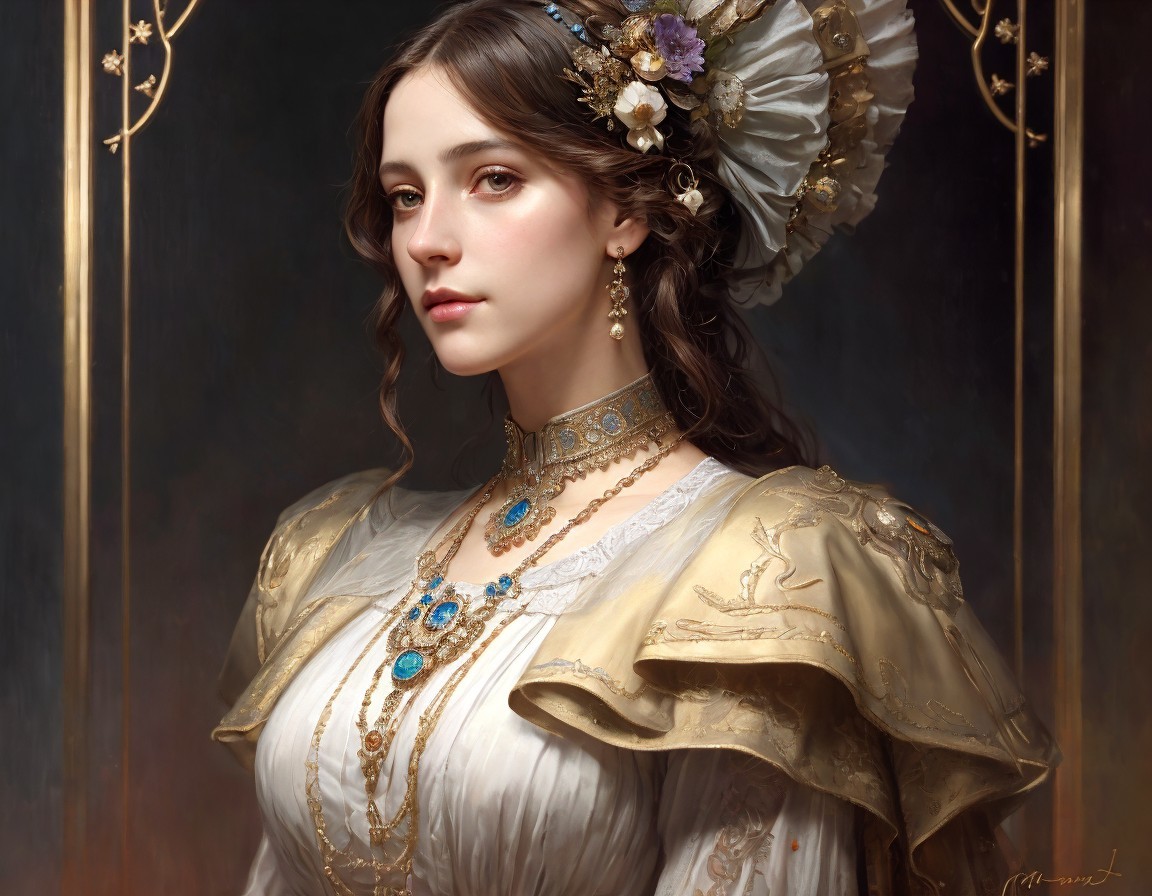 Young woman in ornate gown with elegant styling