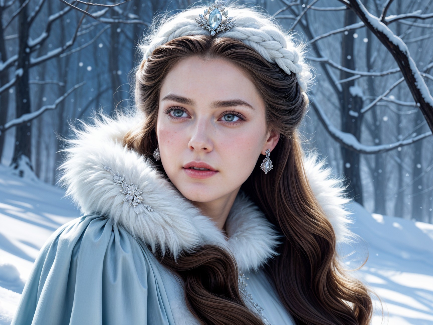 Young woman in a snowy forest with elegant attire