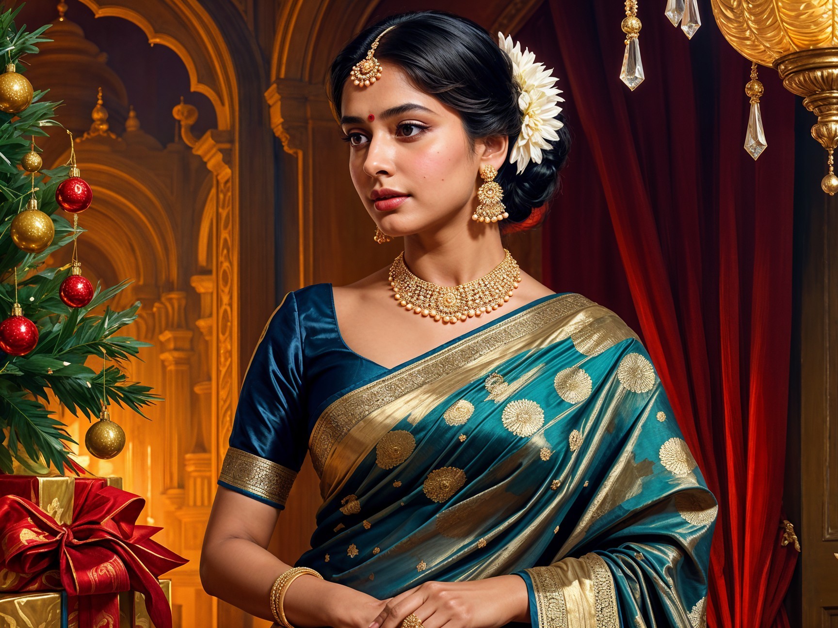 Elegant woman in teal saree with festive decorations