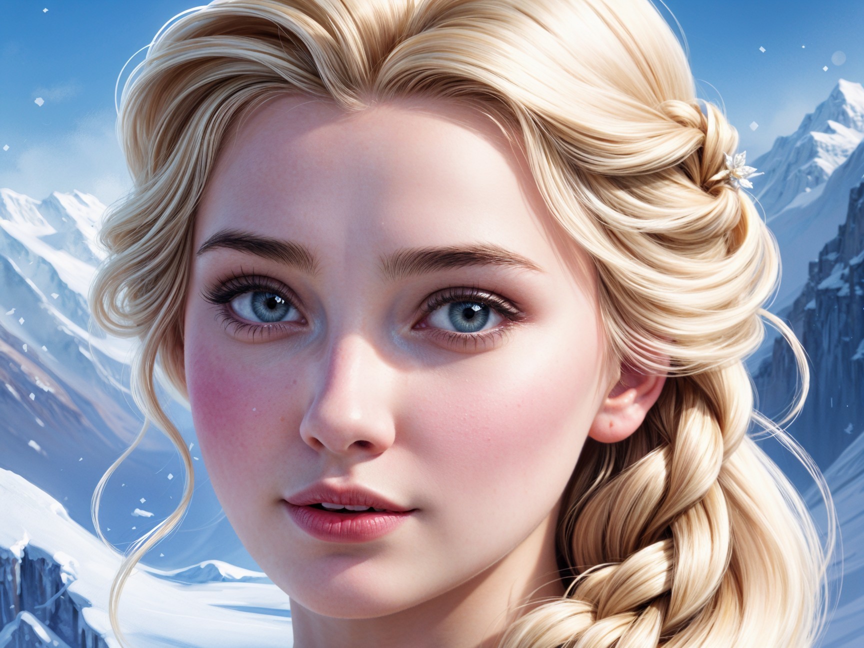 Close-up of Young Woman with Blonde Hair in Winter Landscape
