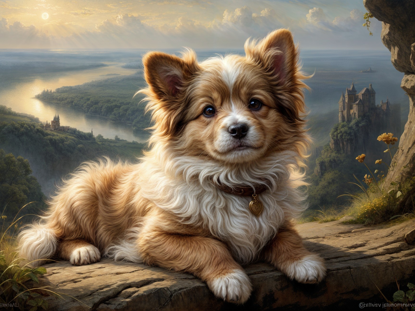 Fluffy Golden-Brown Dog Overlooking Scenic Landscape