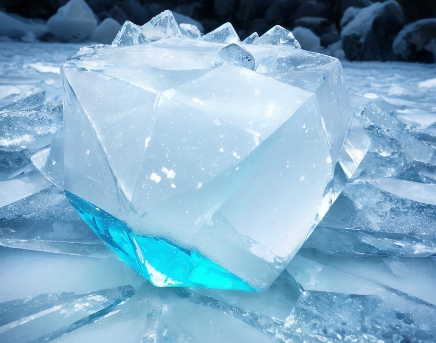 Translucent Blue Ice Block on Frosted Surface