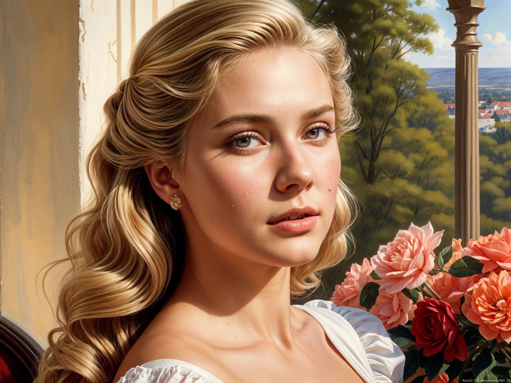 Young woman in white dress with pink roses backdrop