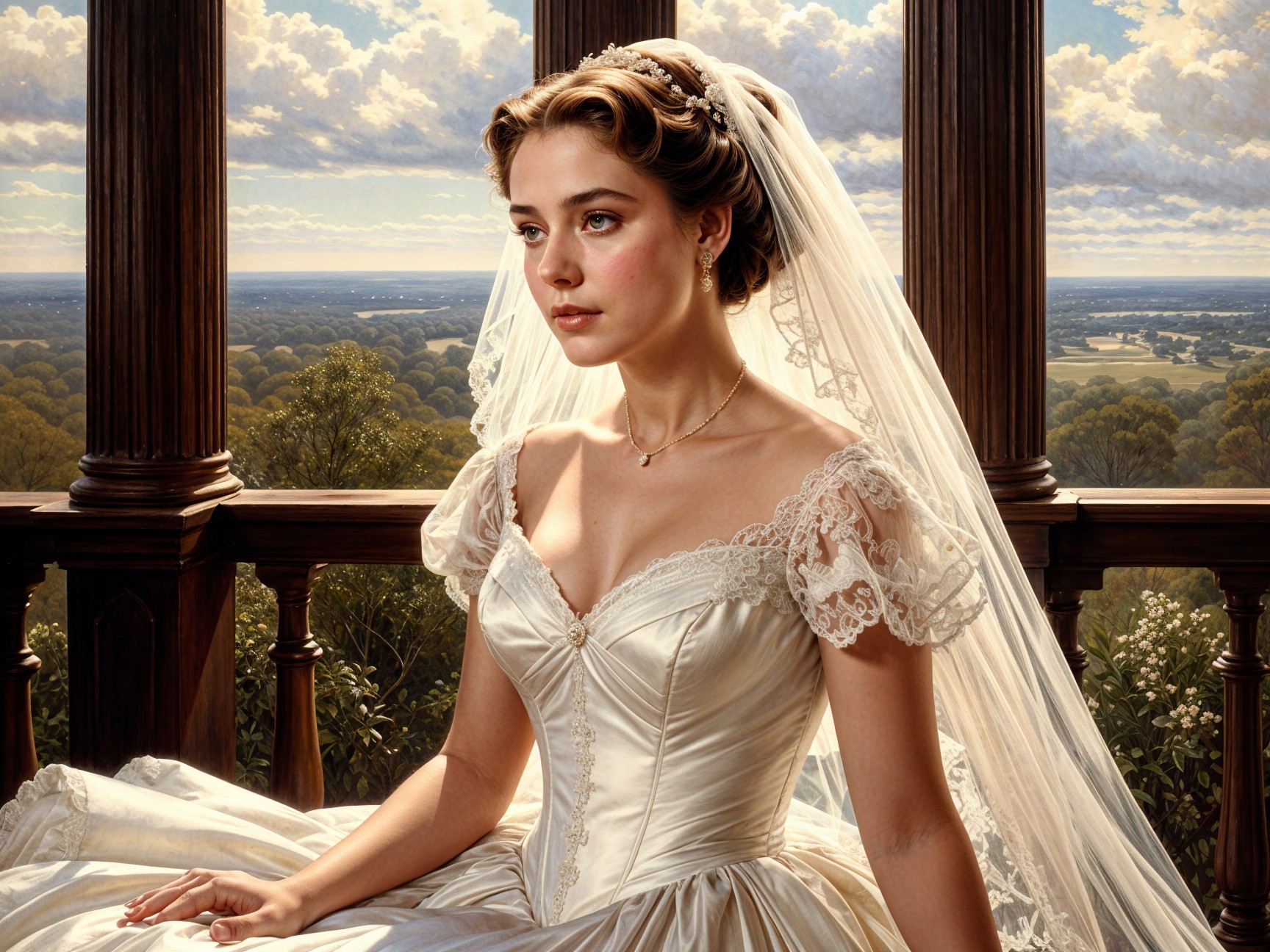 Elegant bride in lace gown with scenic backdrop