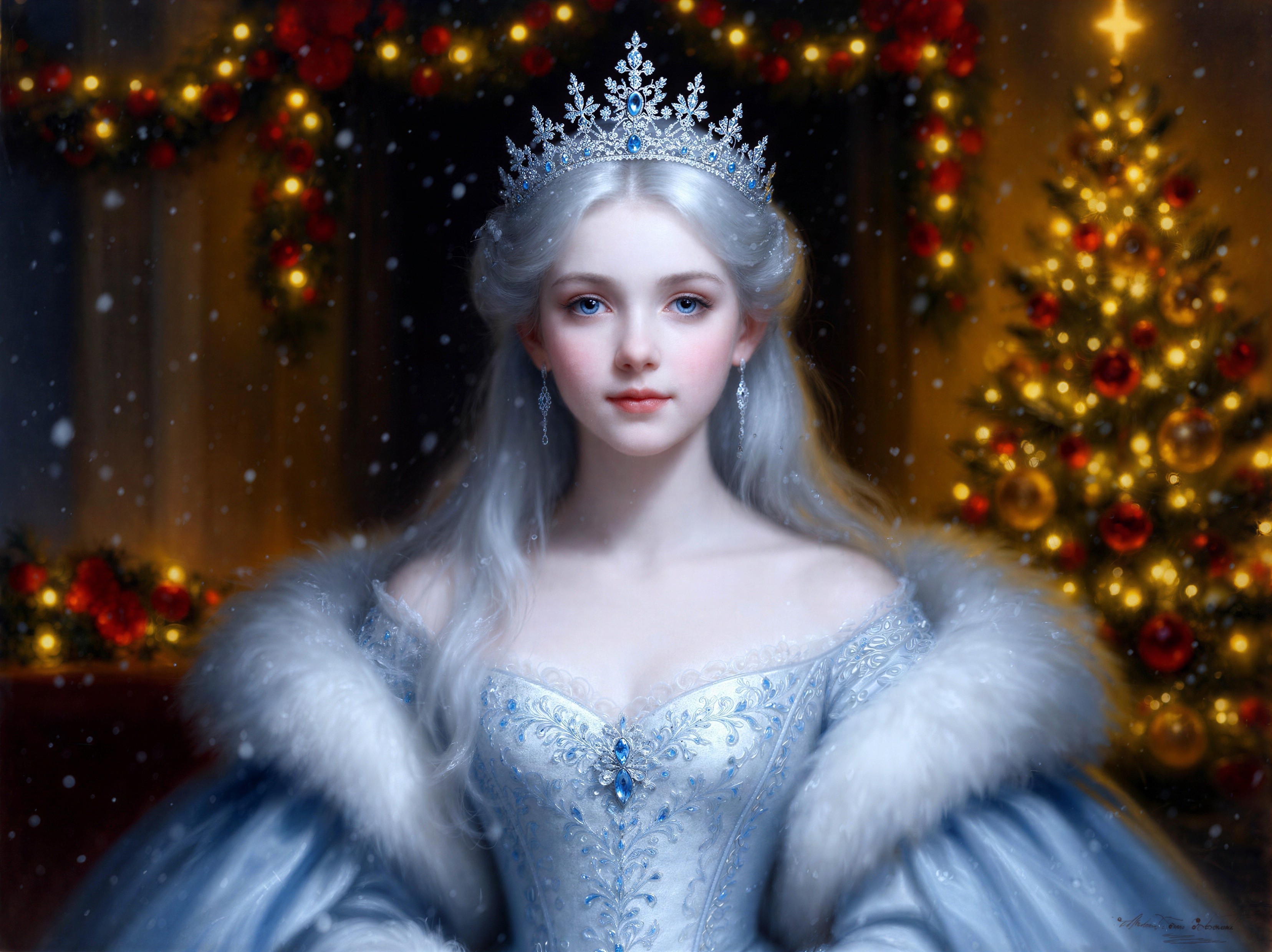 Snow Queen in Blue Dress with Christmas Decorations