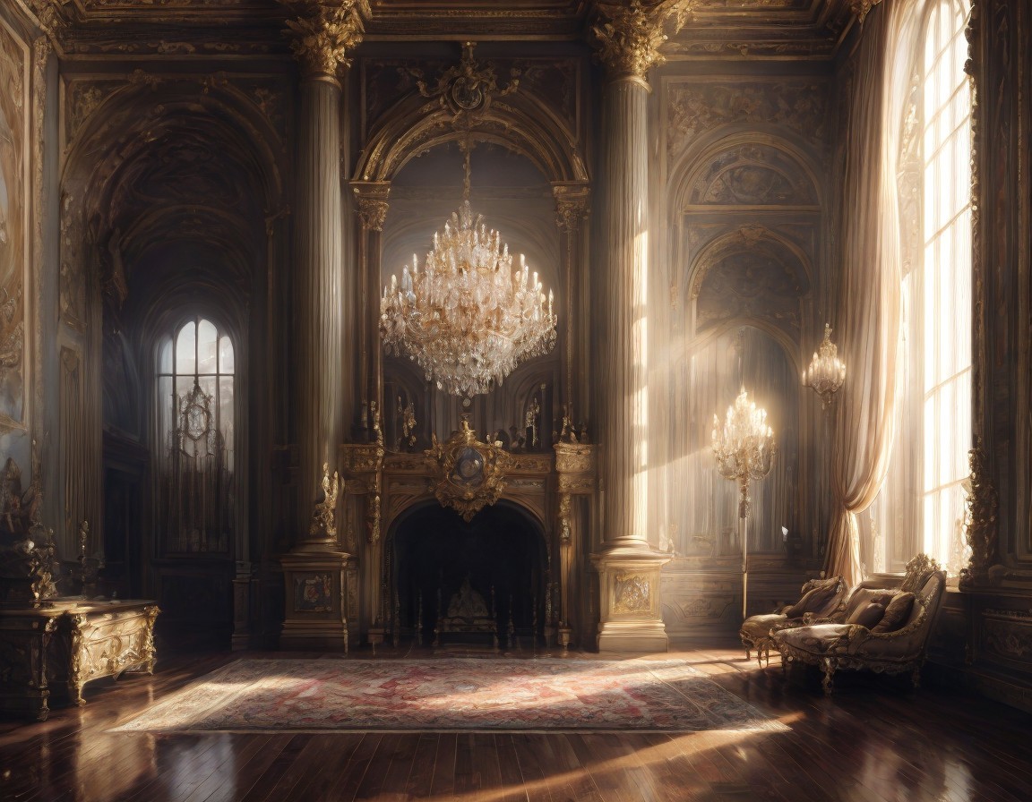 Opulent Baroque Room with Grand Chandelier and Decor