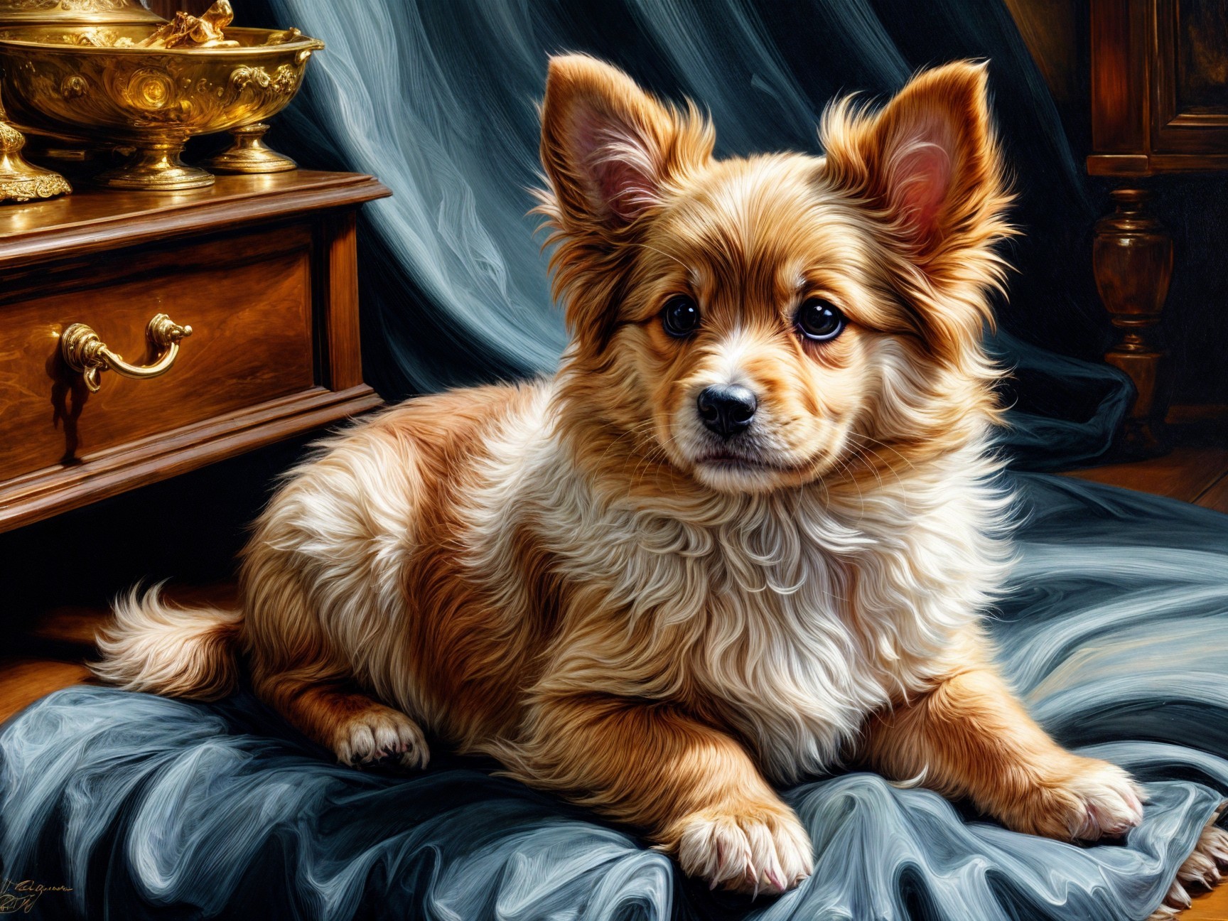 Fluffy Golden-Brown Puppy on Soft Fabric Background