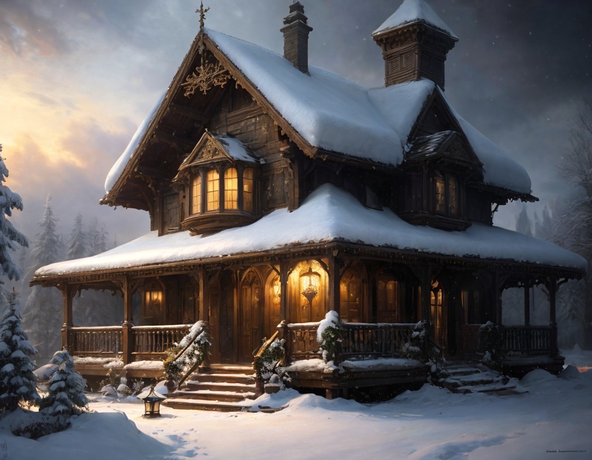 Cozy Wooden Cabin in Snowy Dusk Landscape