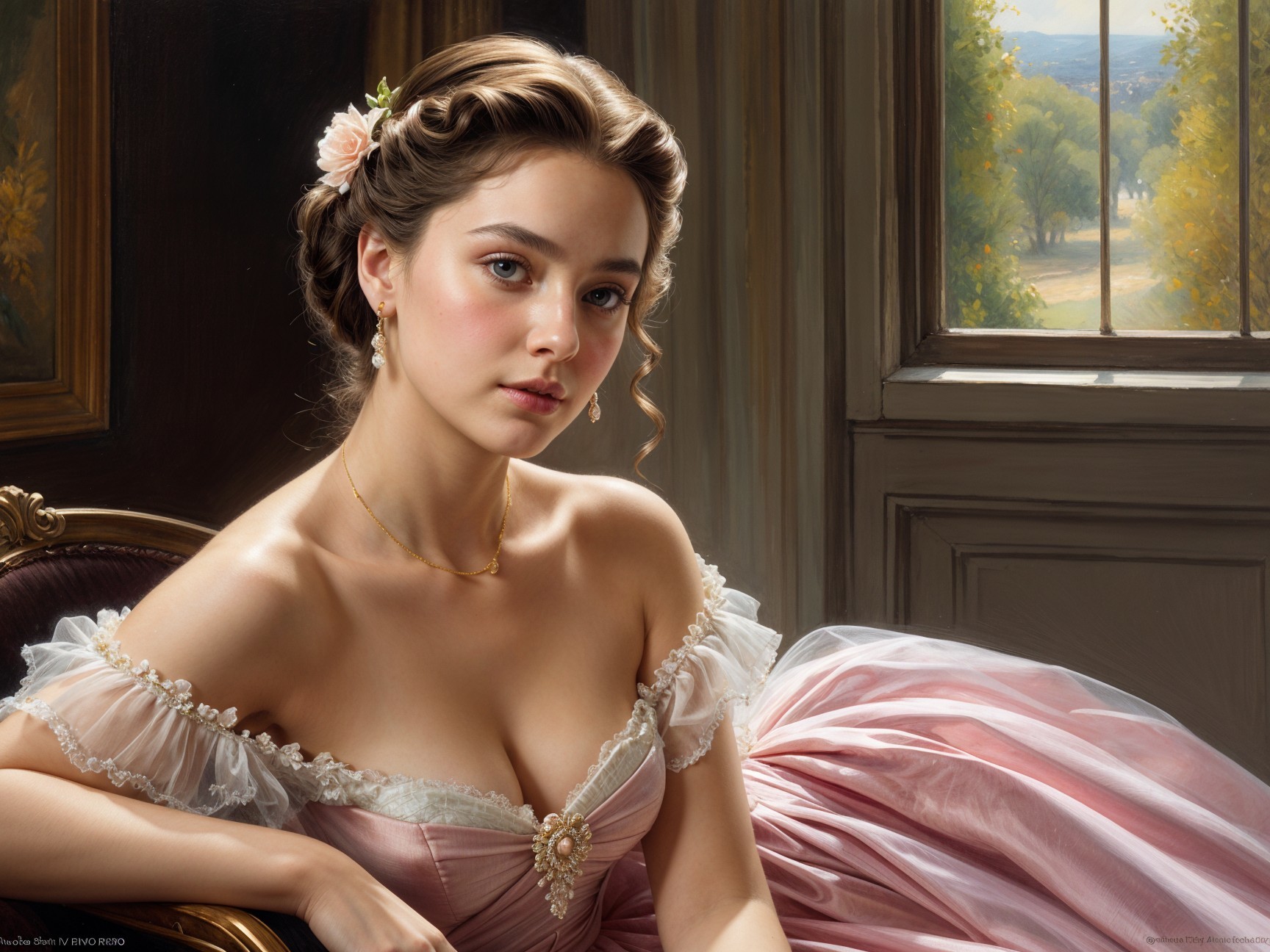Young woman in pink gown in softly lit room