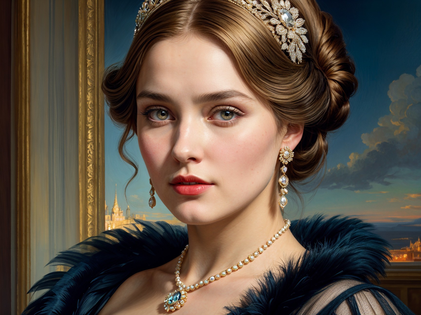 Elegant Young Woman in Luxurious Gown and Tiara