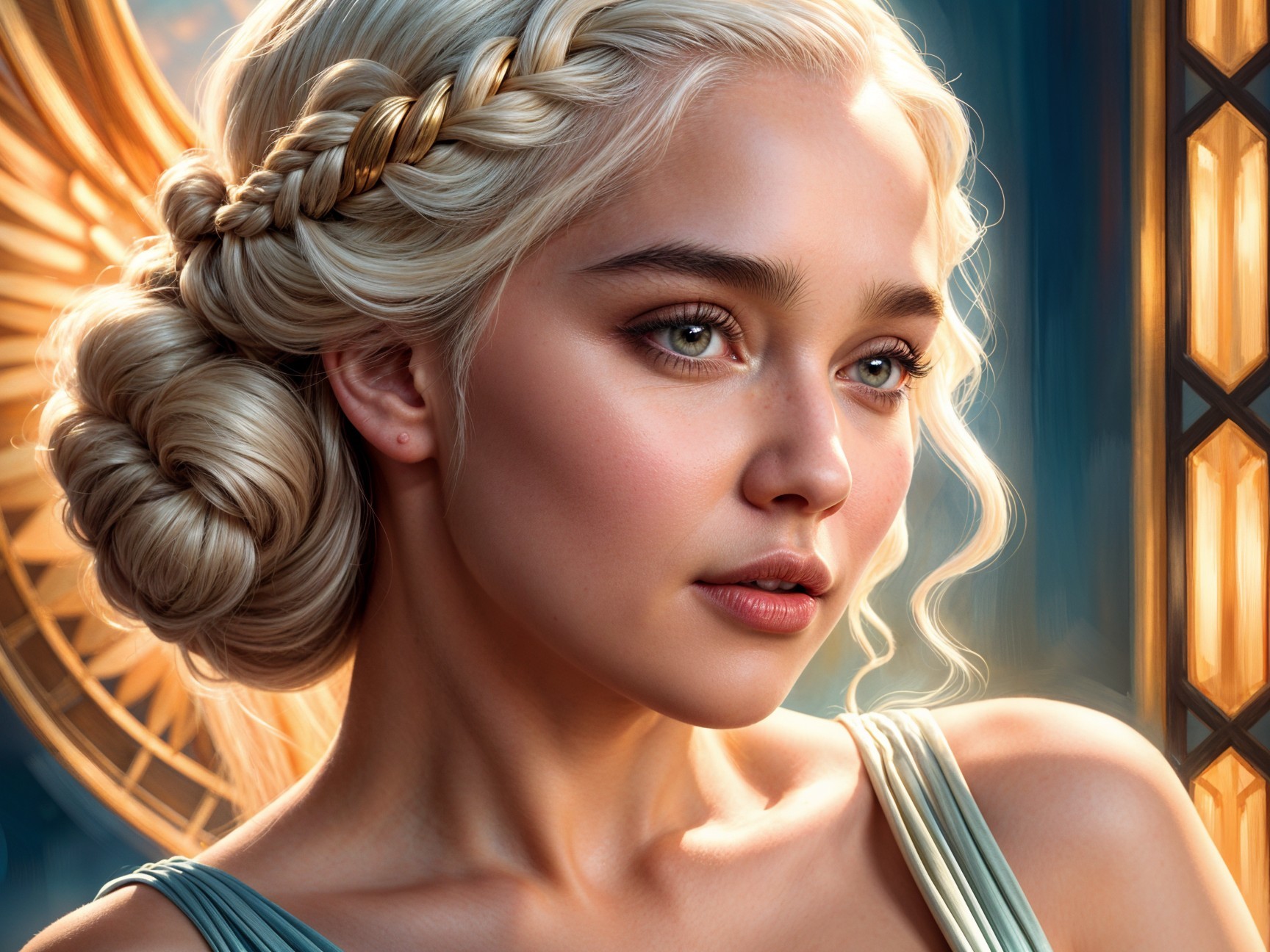Young woman with braided updo in serene setting