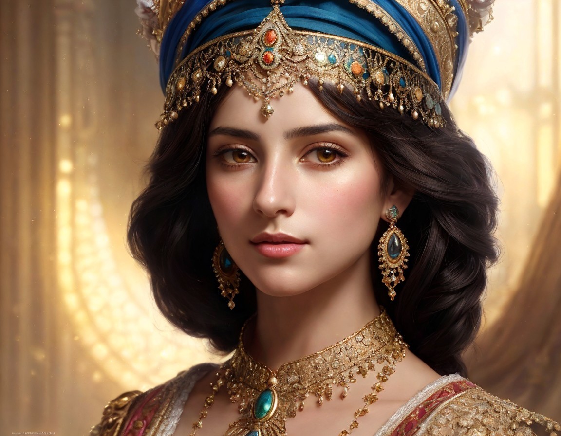 Regal woman in opulent jewelry and majestic headdress