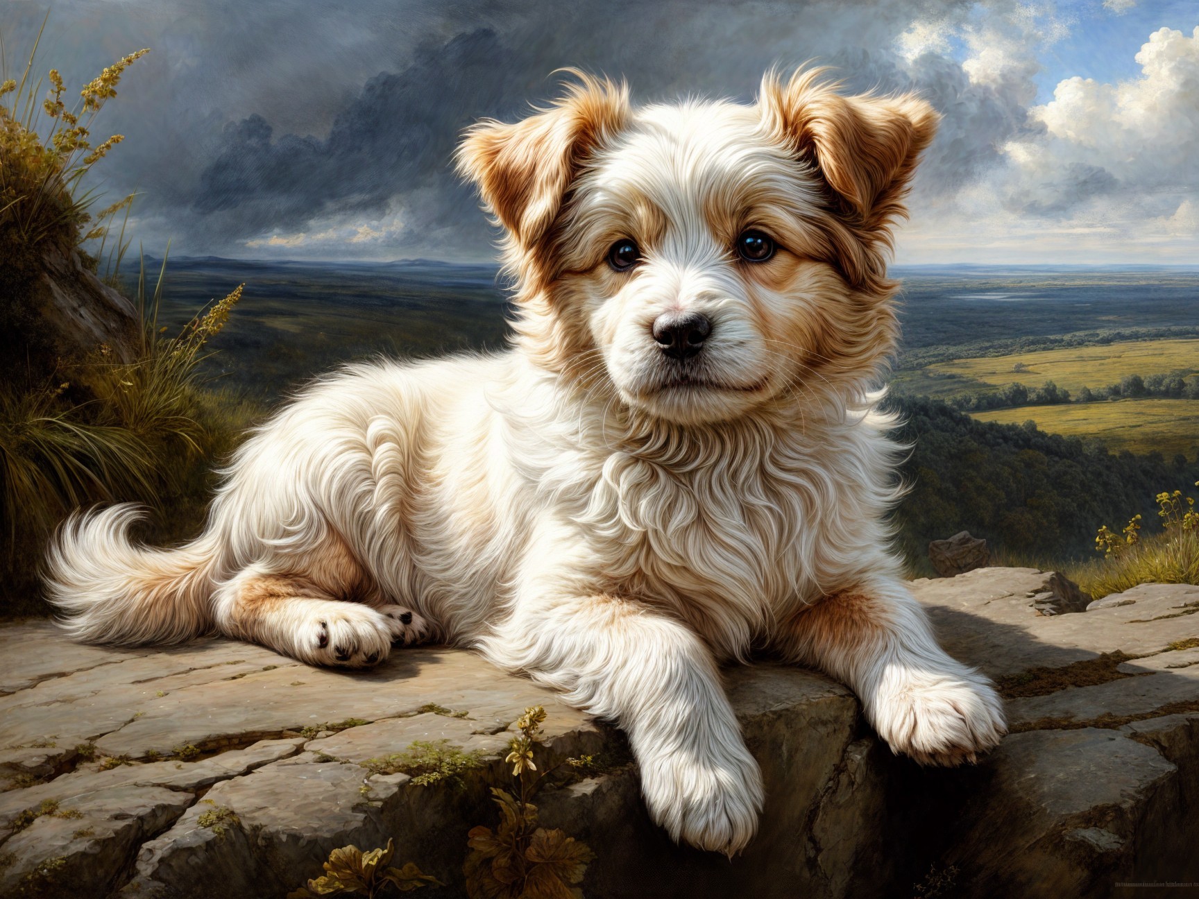 Golden and white dog on rocky ledge in scenic landscape