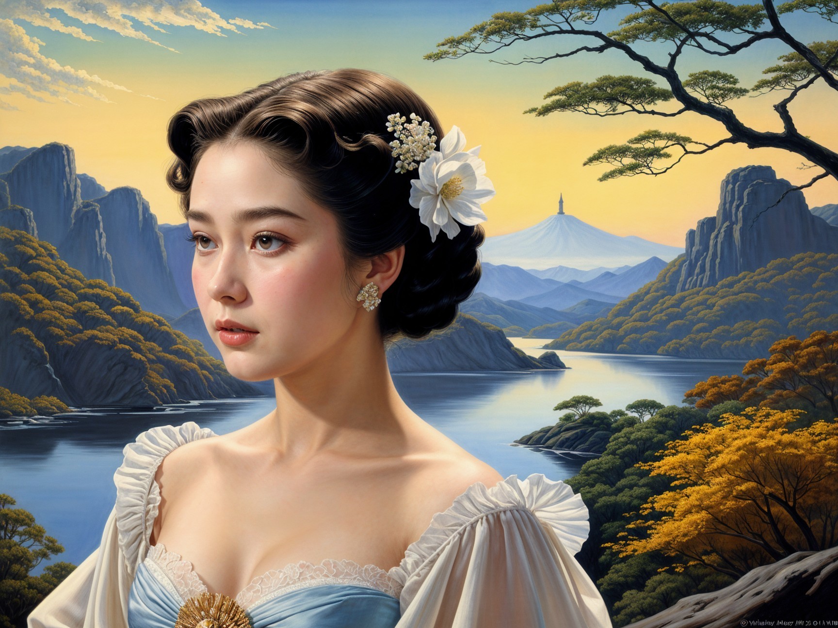 Serene Woman in Flowing Dress at Sunset Landscape