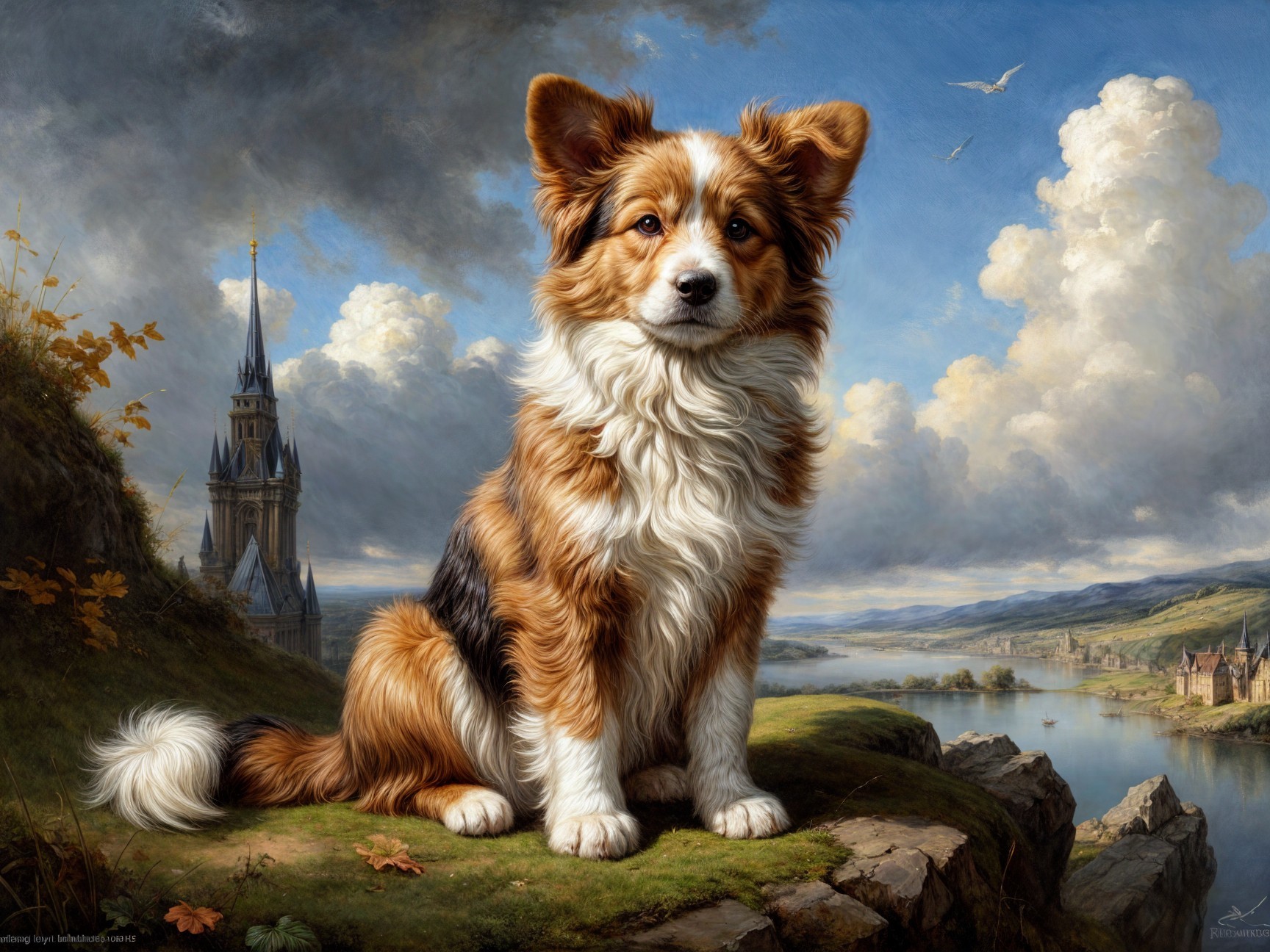 Tri-Colored Dog in Majestic Landscape with Castle