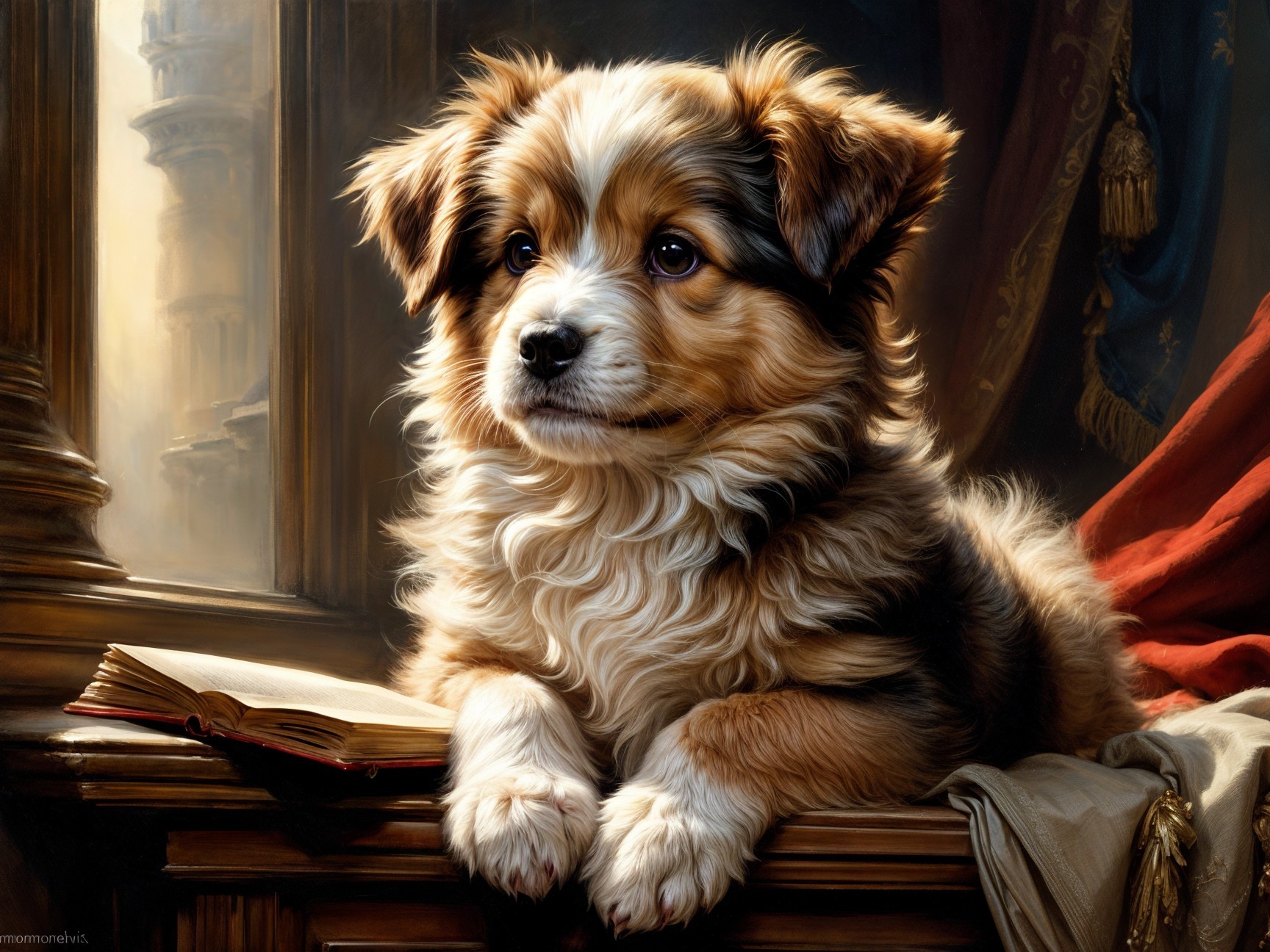 Fluffy Dog Relaxing on a Book with Warm Lighting