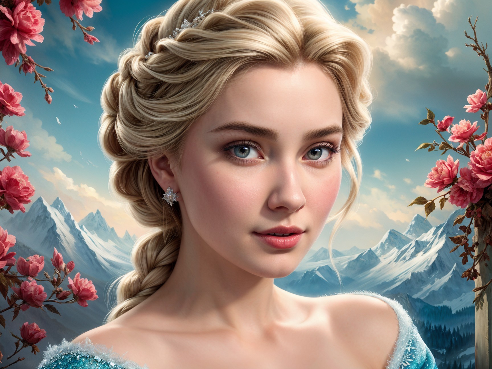 Young woman with braided blonde hair in mountain scene