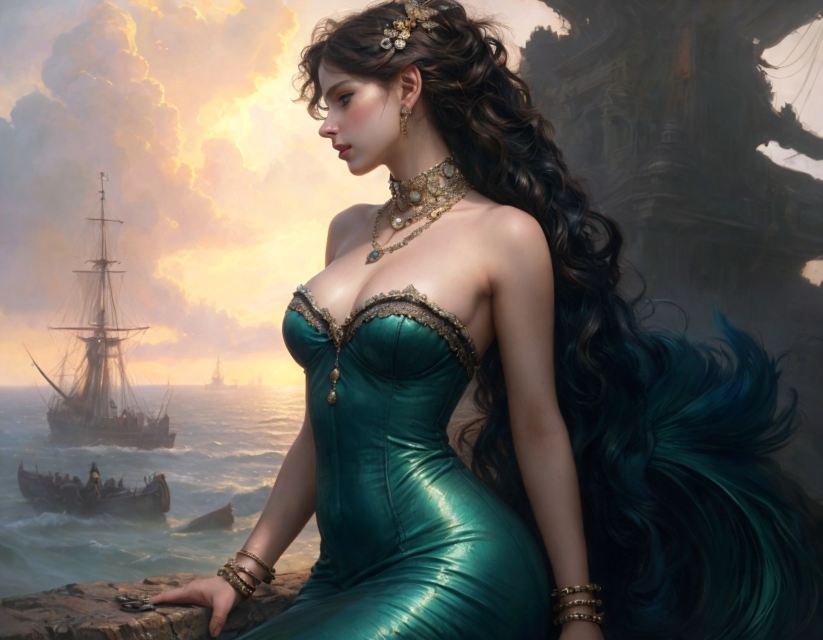 Digital Artwork of Woman in Green Dress by Coastline