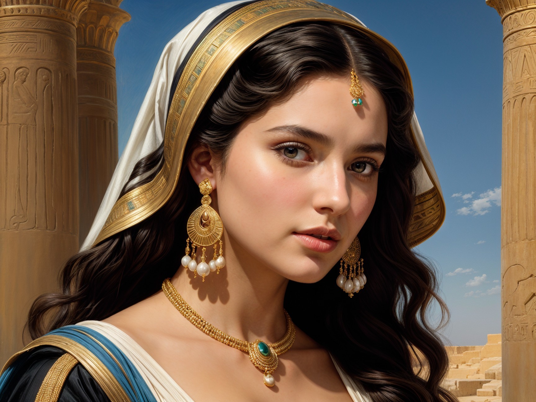 Young woman in golden headdress and elegant jewelry