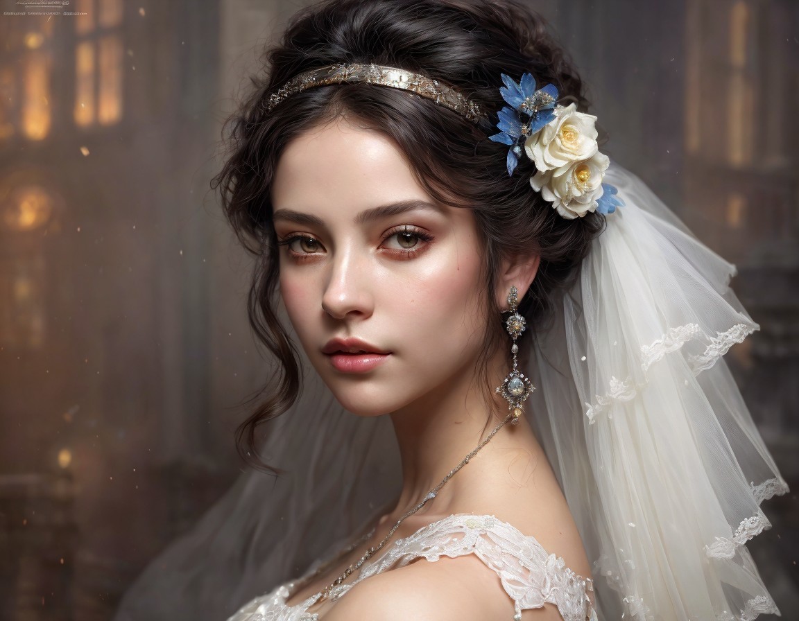 Elegant Young Woman in Bridal Gown with Veil