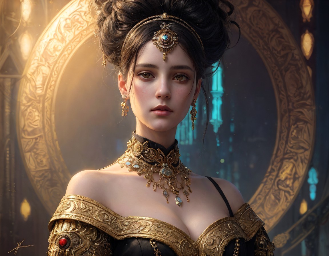 Regal Woman in Black and Gold Gown with Jewelry
