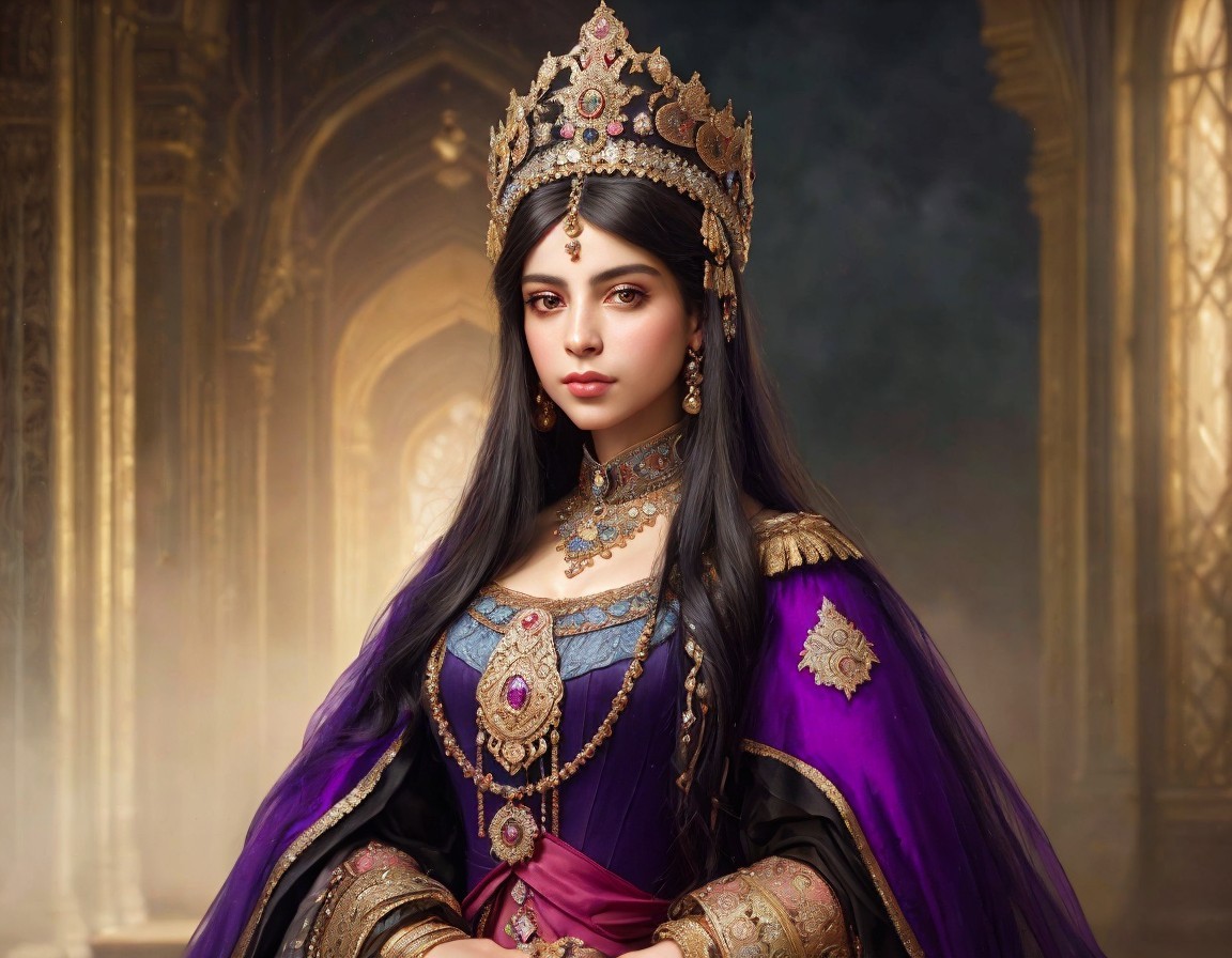 Regal Young Woman in Purple Gown with Crown and Jewelry