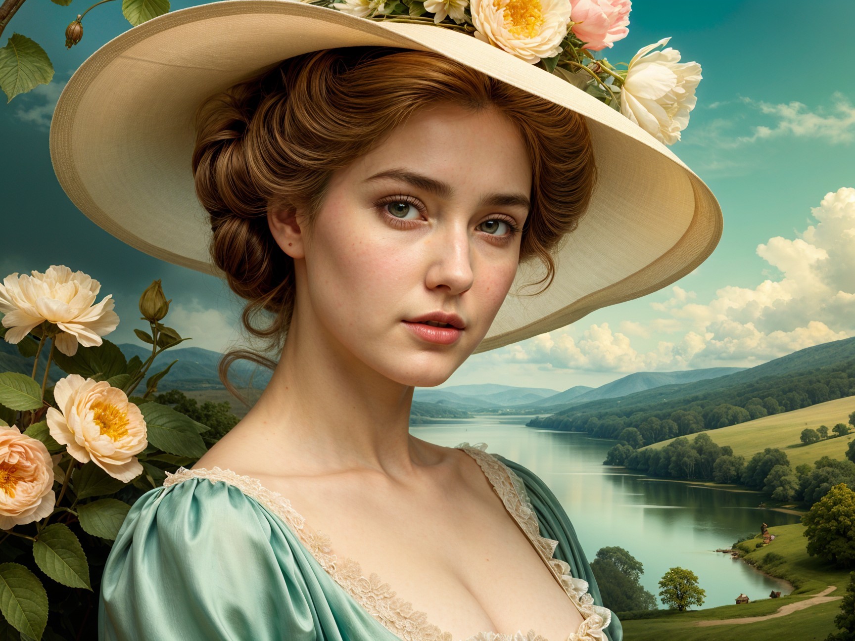 Young Woman in Blue Gown with Scenic Landscape