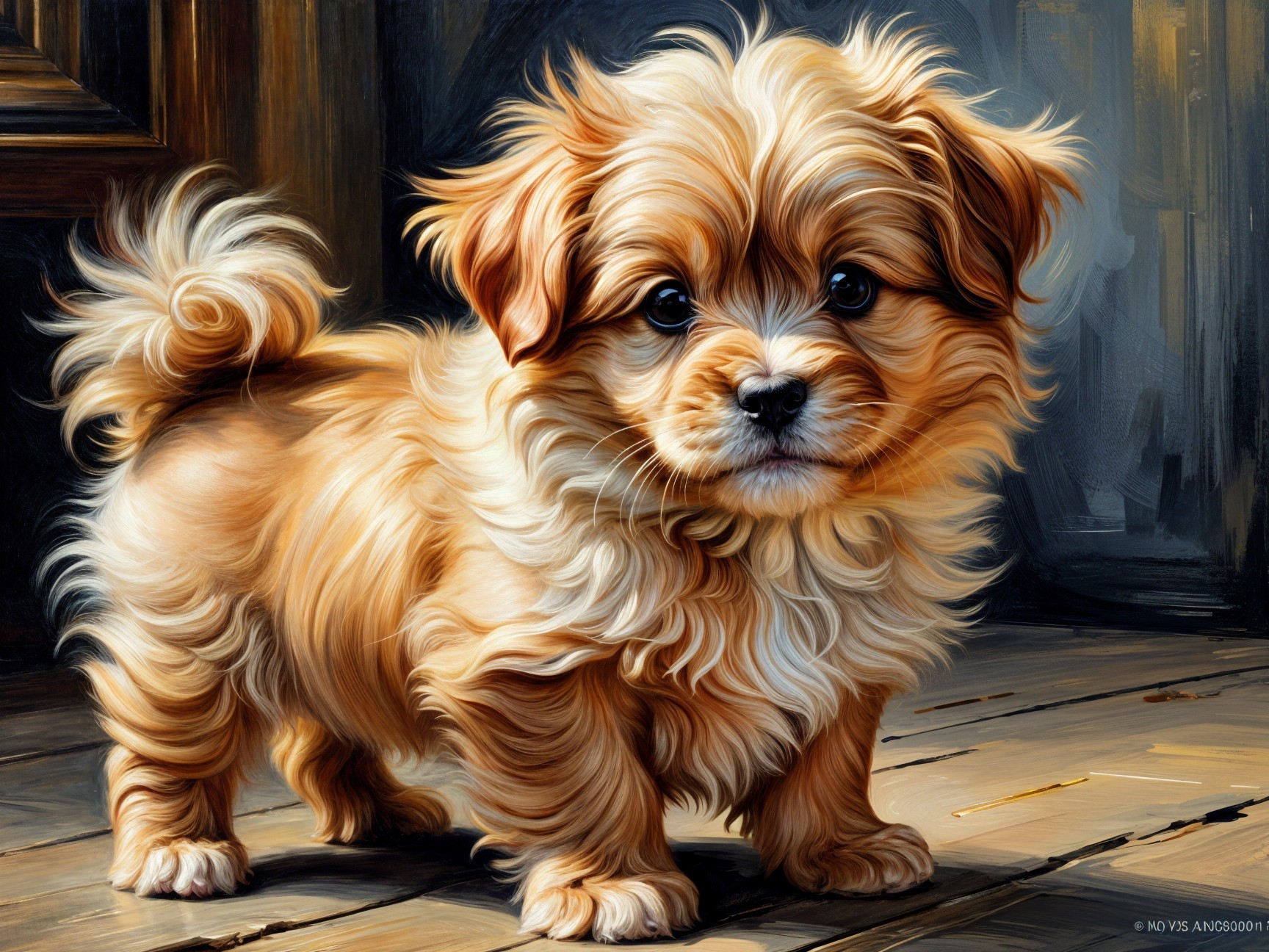 Fluffy Golden-Brown Puppy on Wooden Floor