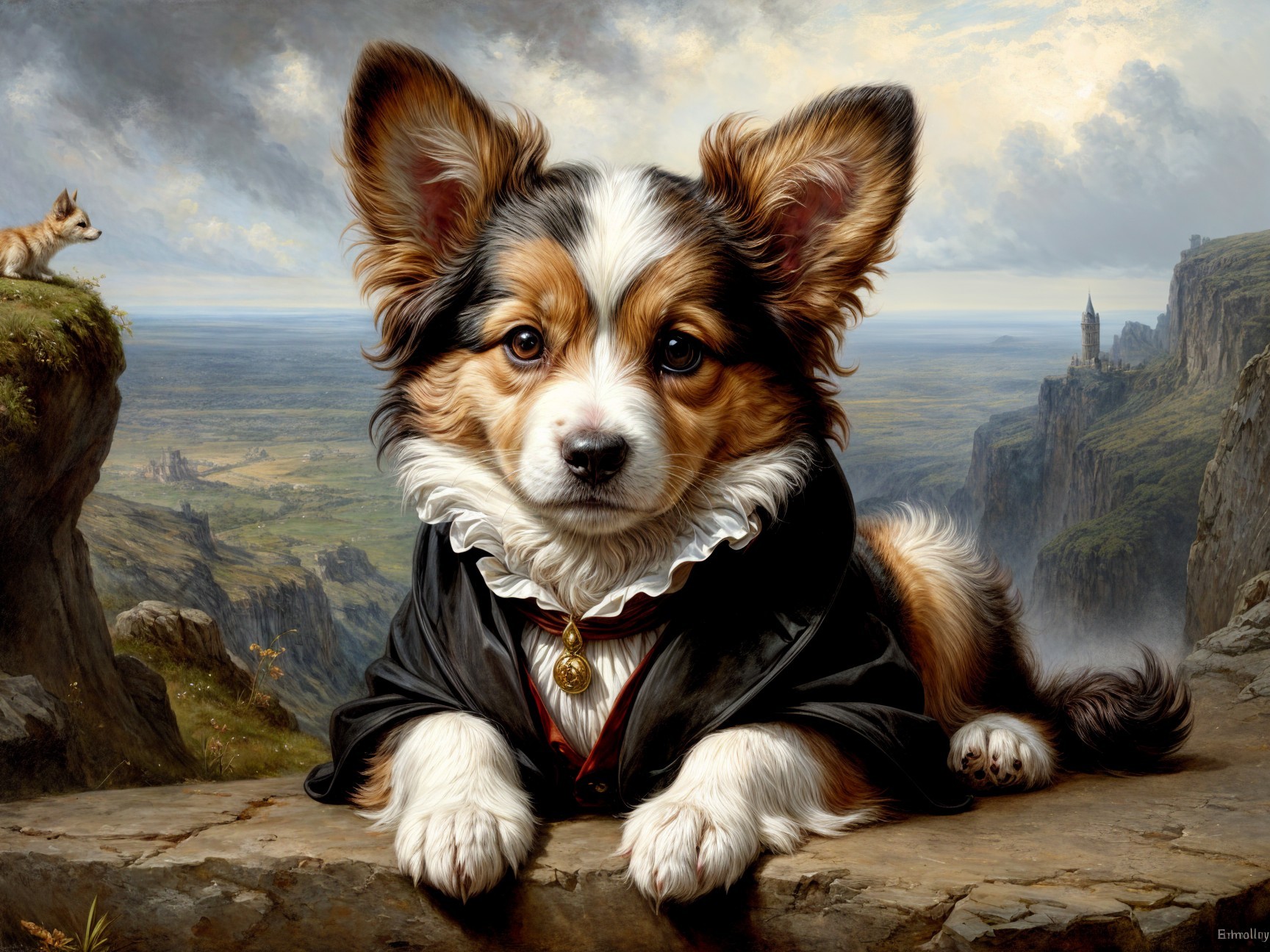 Corgi Puppy in Cloak Against Scenic Landscape