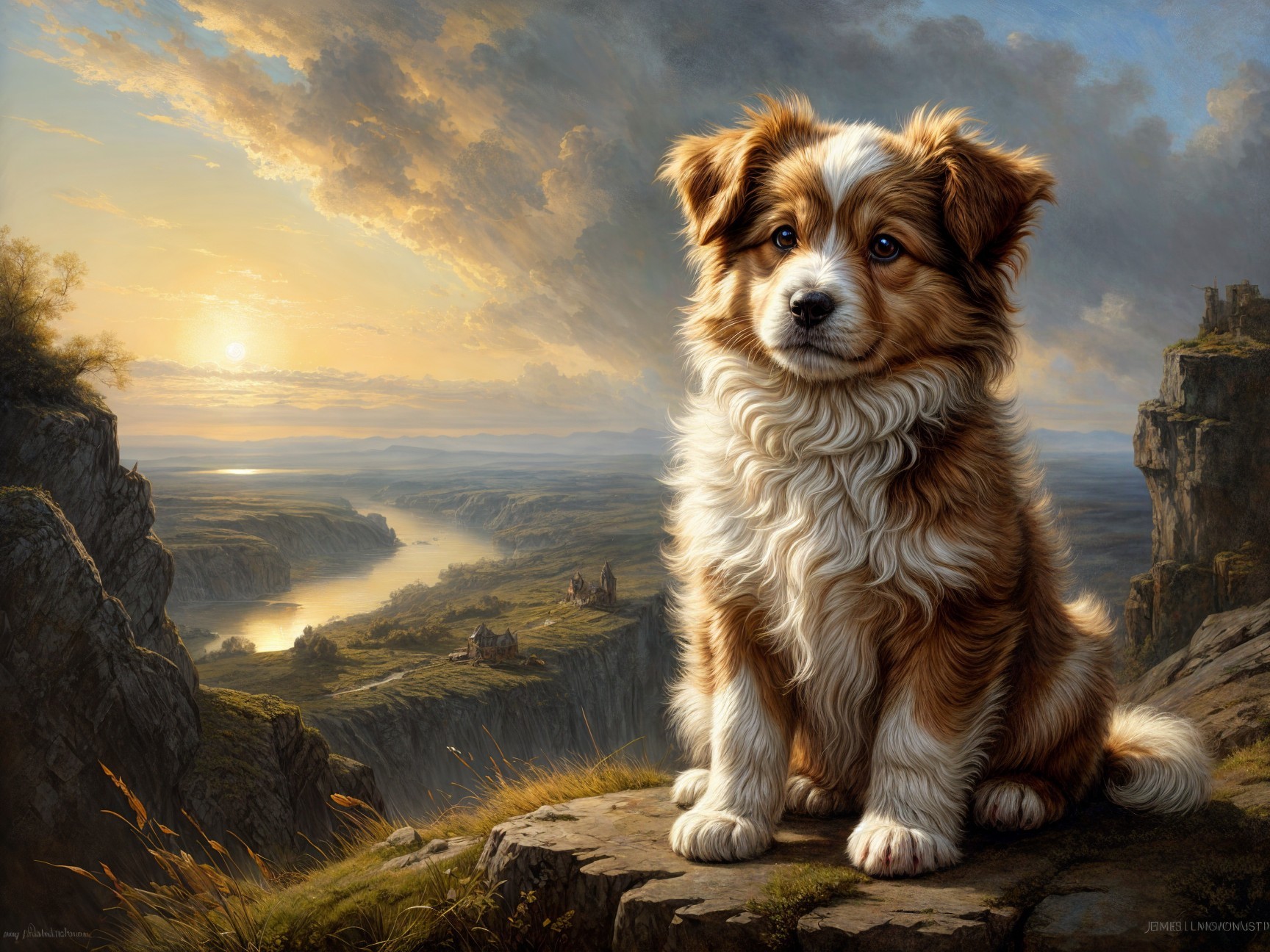 Golden-brown dog on rocky ledge with scenic sunset view