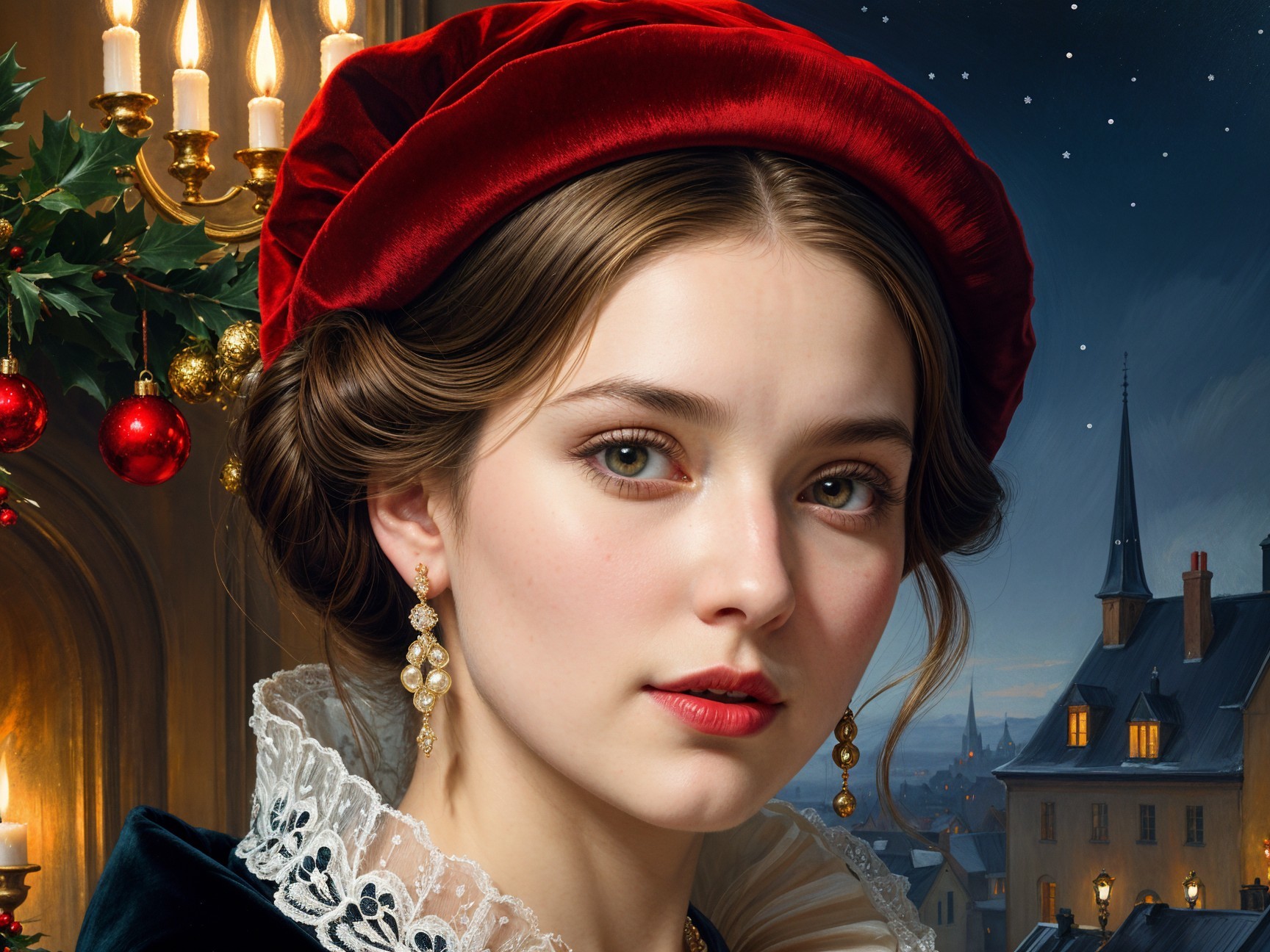 Young woman in red hat with festive Christmas decor