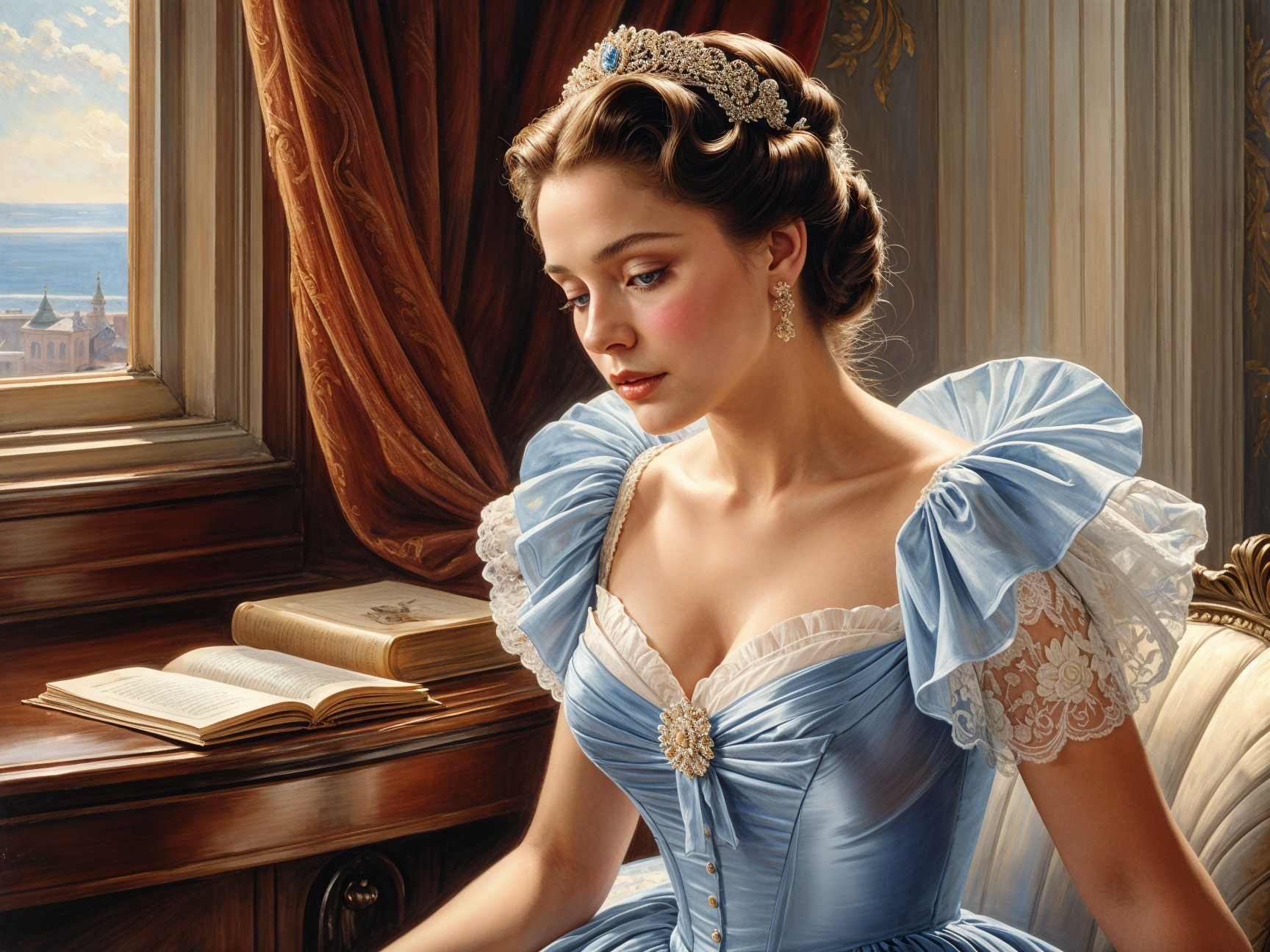 Young woman in blue gown by grand window with book