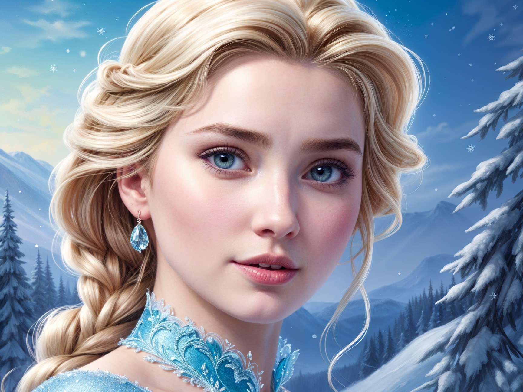 Portrait of a girl in a snowy landscape with blue outfit