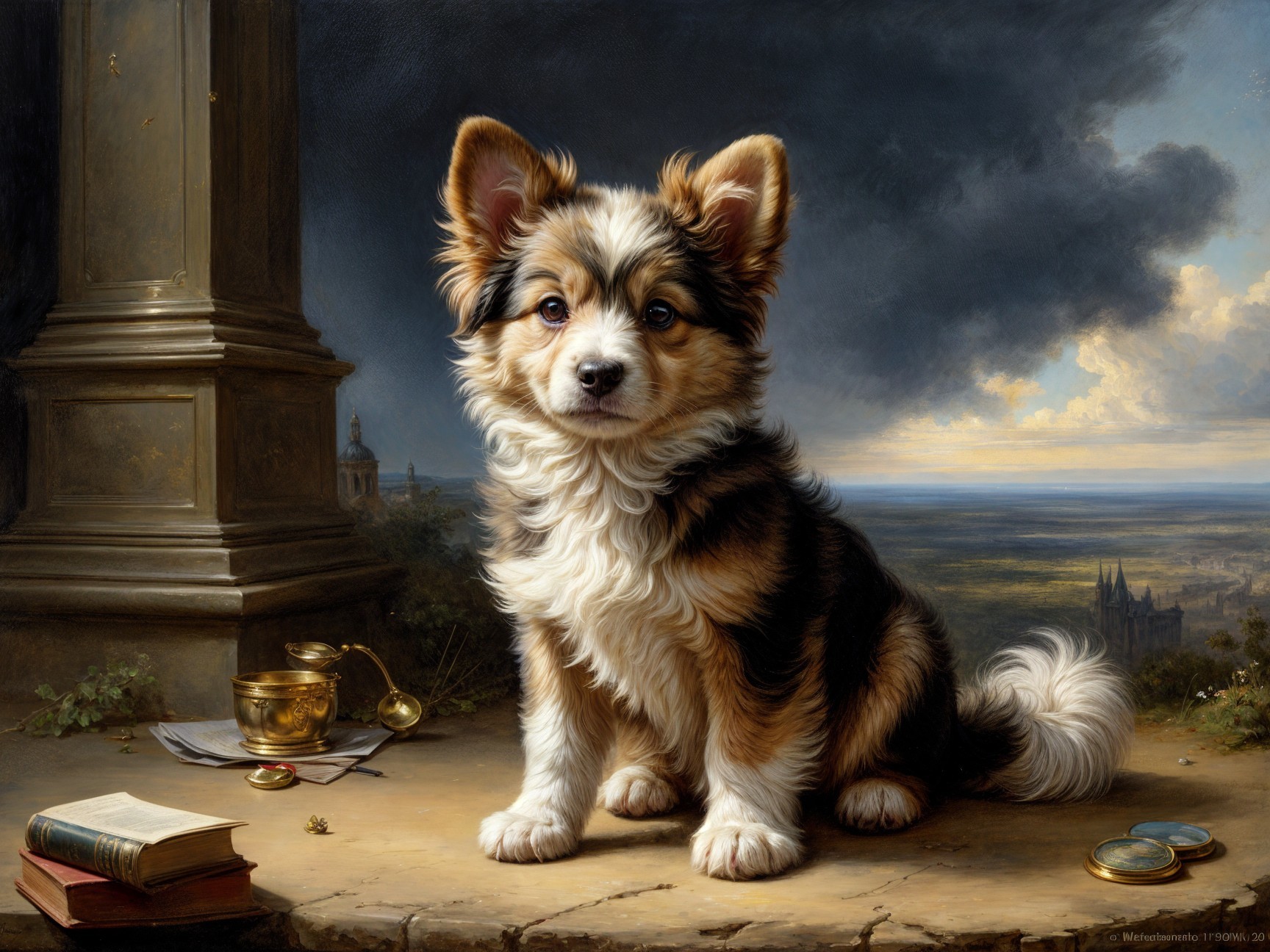Tri-Colored Corgi on Pedestal with Dramatic Sky