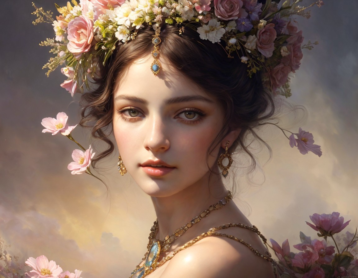 Digital Portrait of Young Woman with Floral Crown
