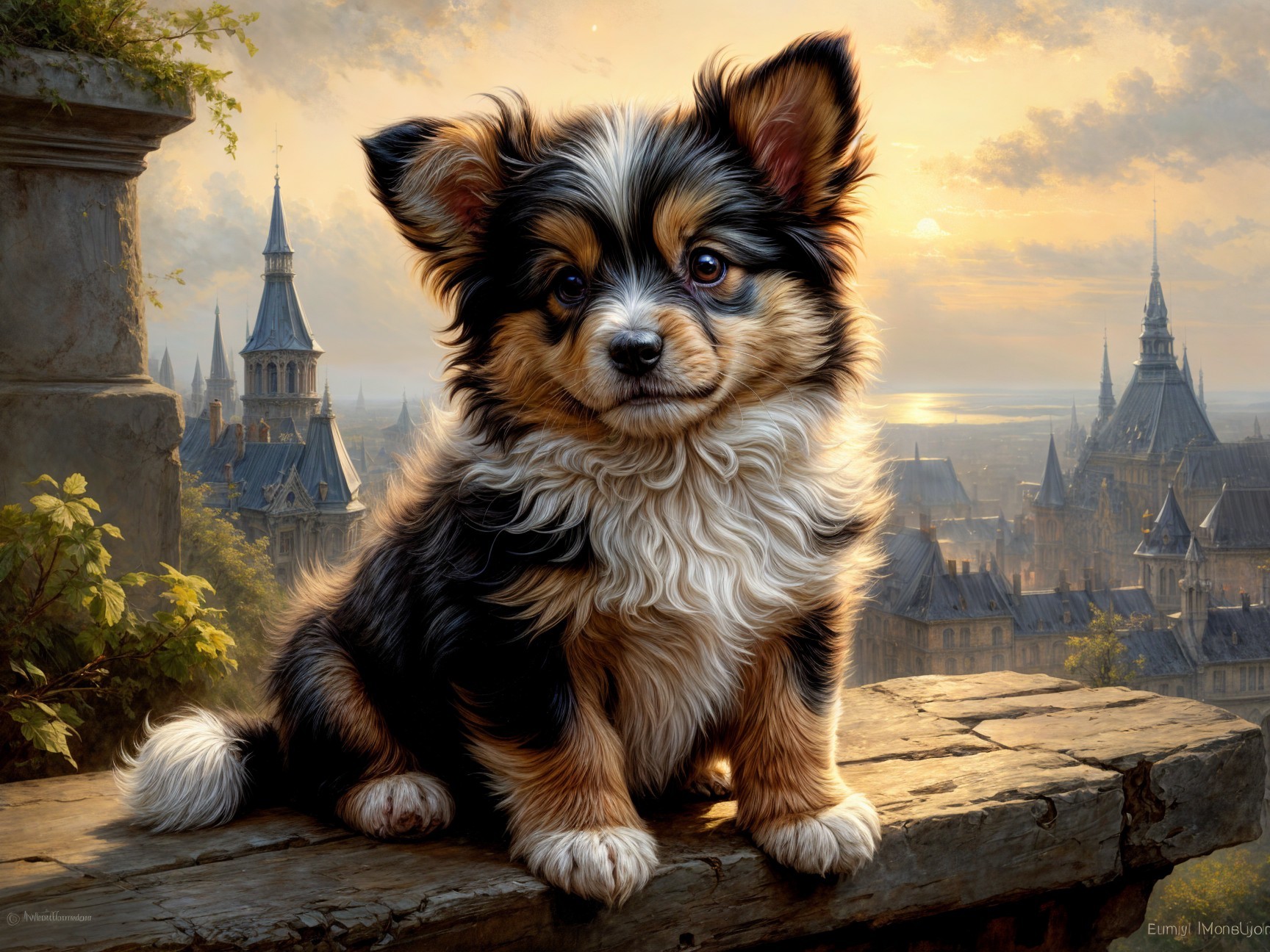 Fluffy puppy on a stone ledge with medieval city backdrop