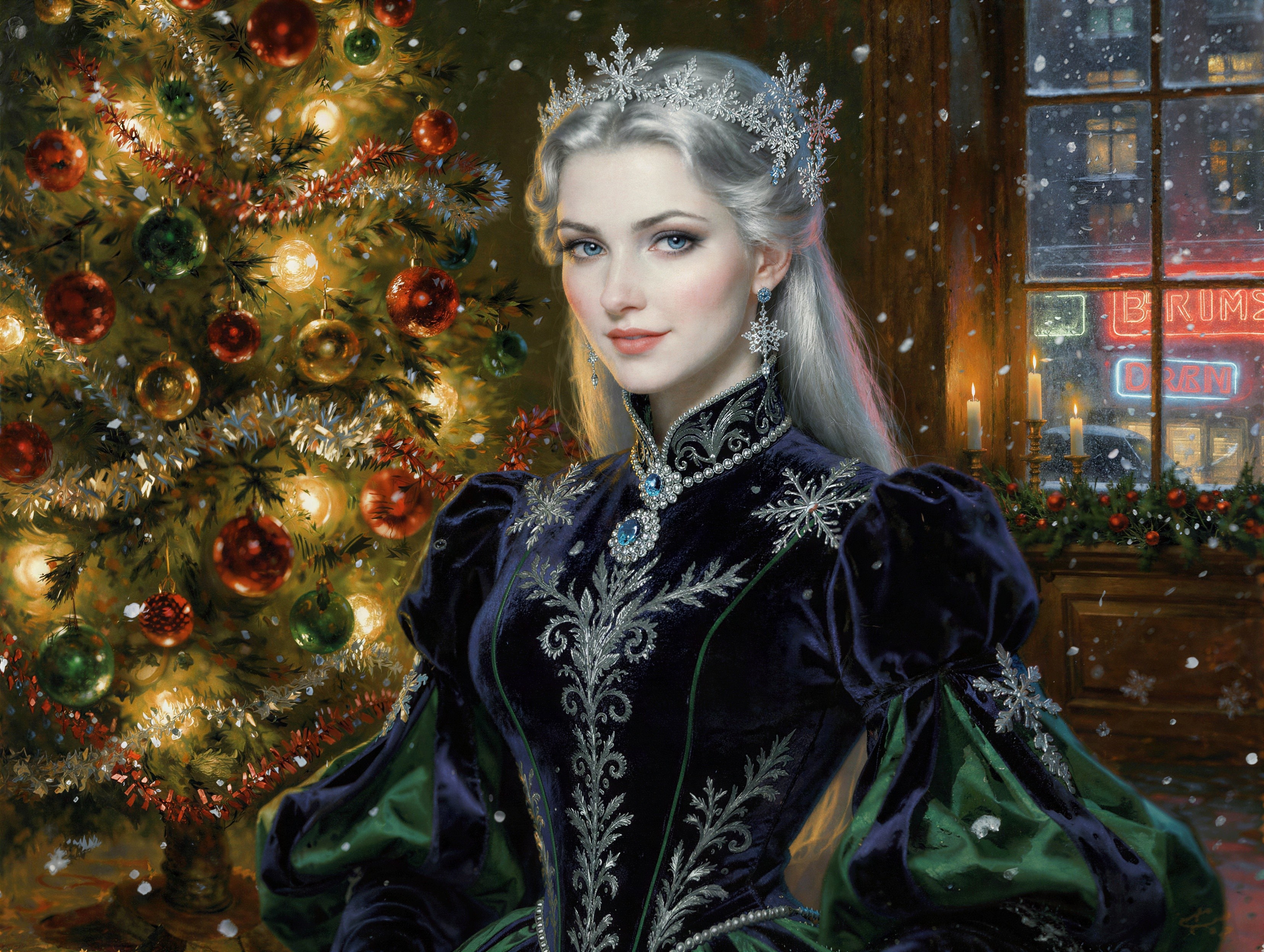 Intricate Digital Painting of a Young Woman and Christmas Tree