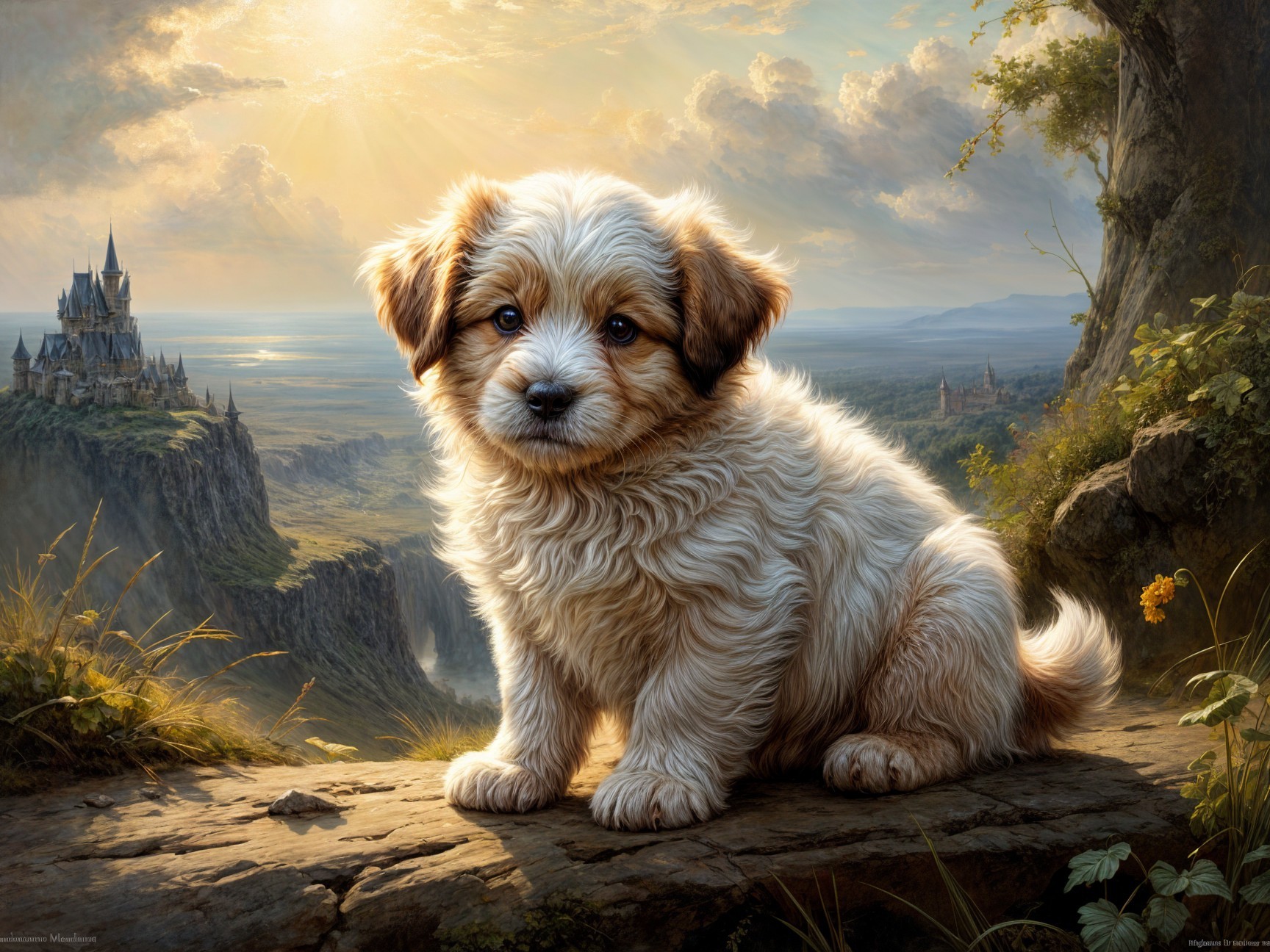 Fluffy Brown Puppy on Rocky Outcrop with Castle View