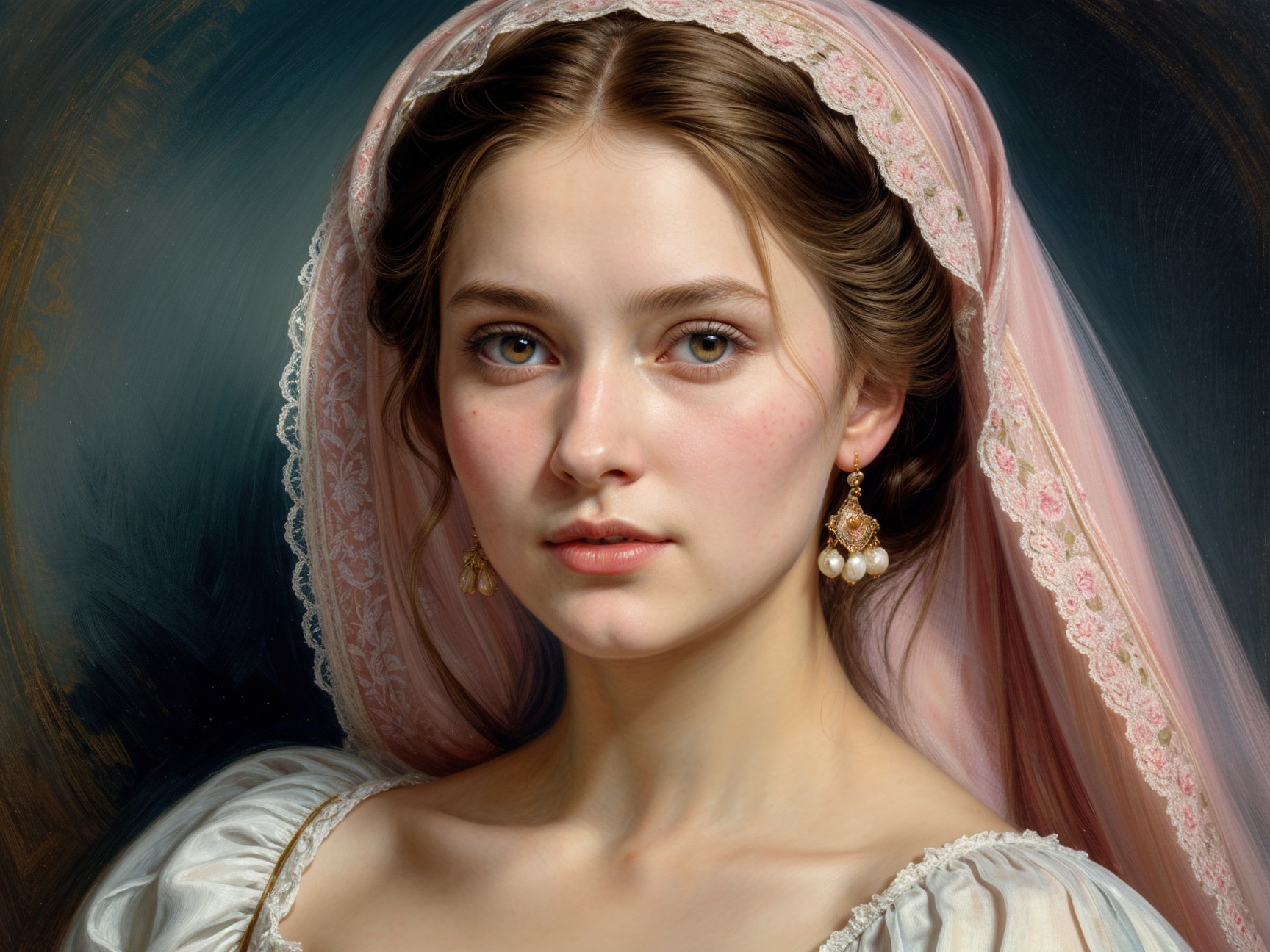 Young woman in lace veil with elegant attire and pearls