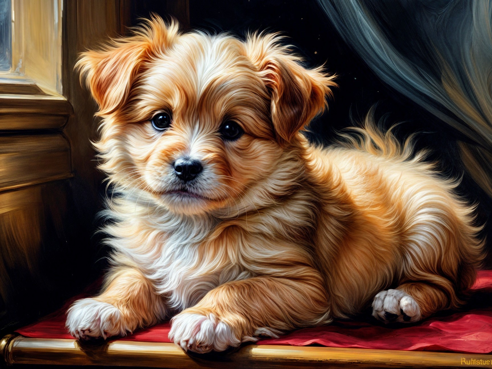 Fluffy Golden Puppy Relaxing on Red Cushion