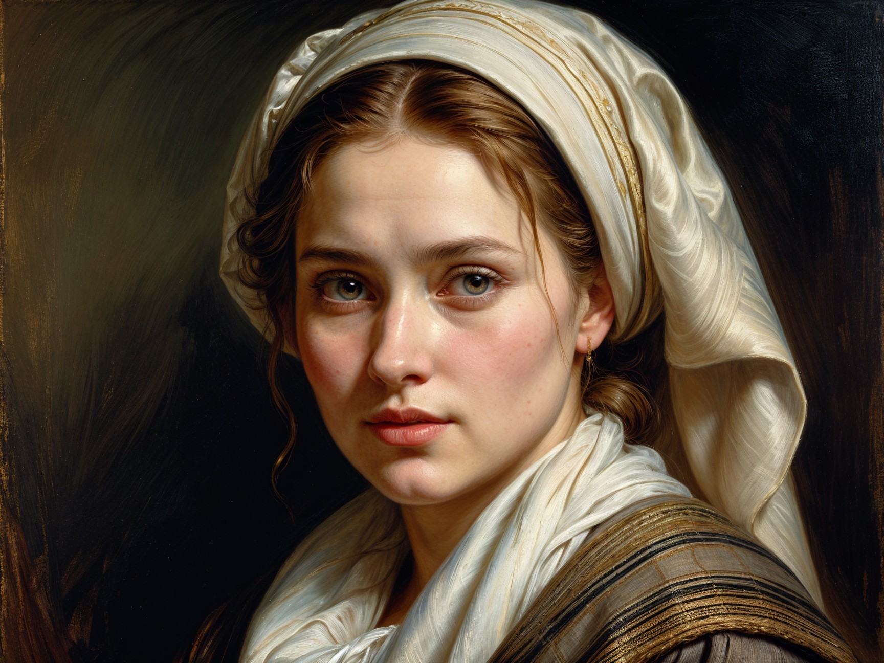 Young woman with green eyes and white headscarf