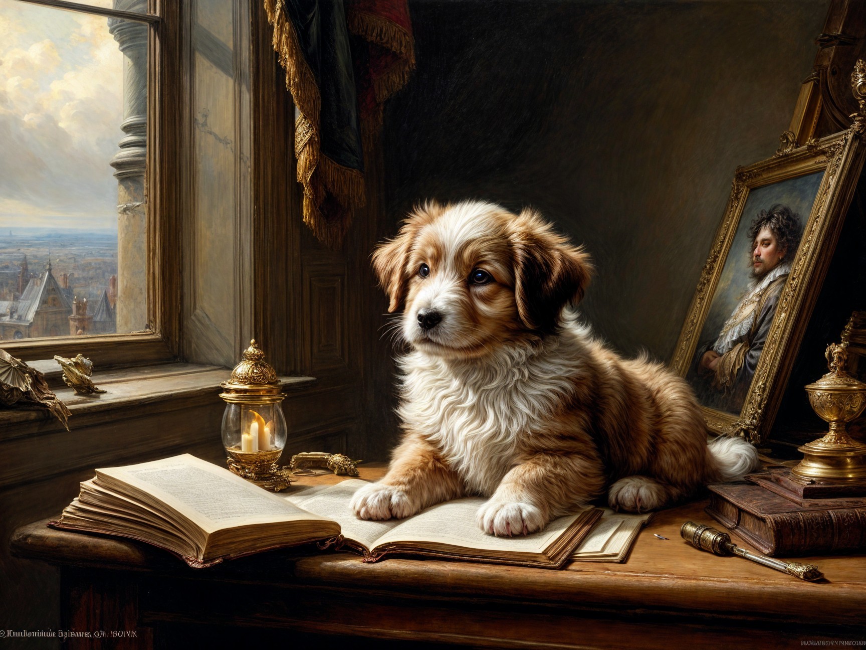 Fluffy Puppy on Book in Cozy Elegance Setting